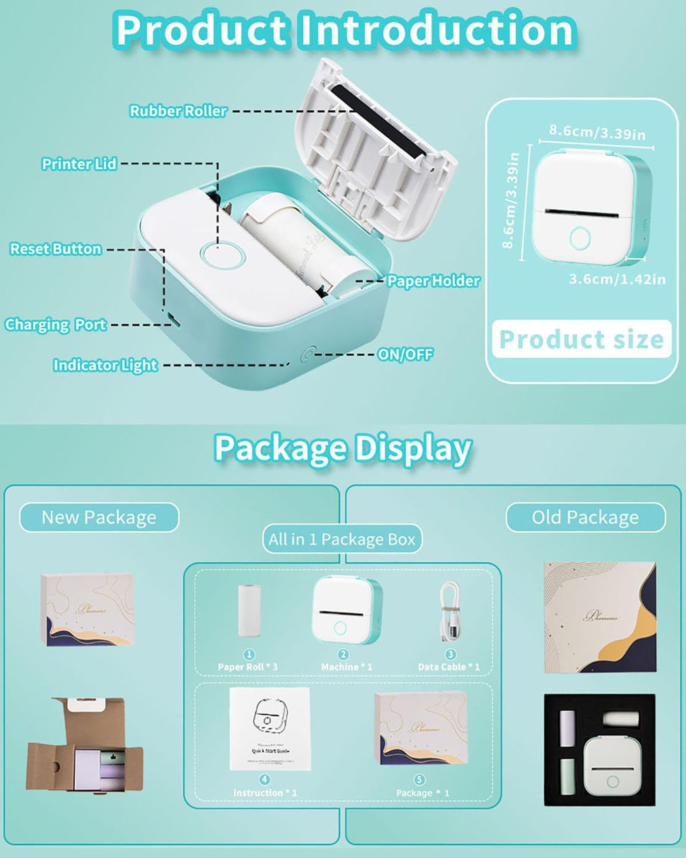 Mini-Drucker mit Details. Zeigt die Teile des Druckers, die Paketdarstellung und die Abmessungen.