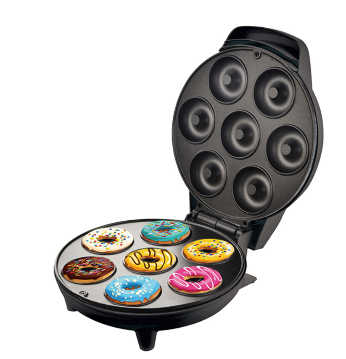 Offene Donut-Maschine mit sieben Donuts, jeder mit bunten Glasuren und Streuseln.