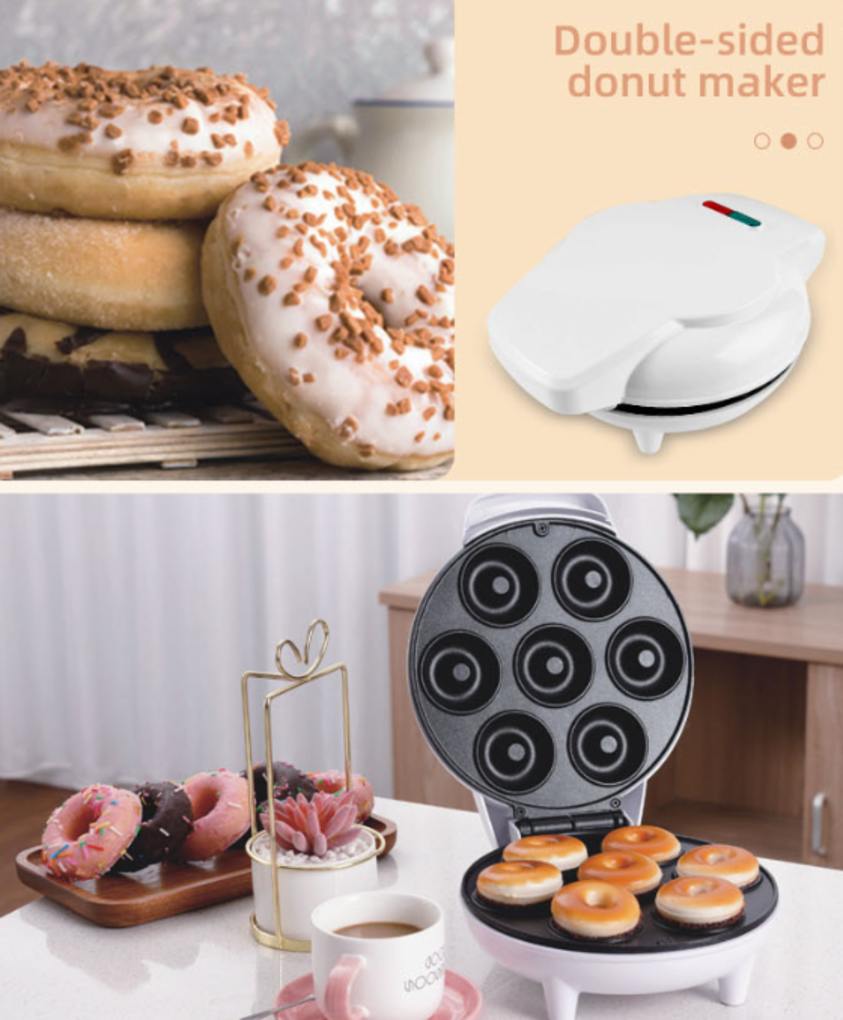Doppelseitiger Donut-Maker mit Donuts im Inneren und Donuts an der Seite, mit weißem Hintergrund.