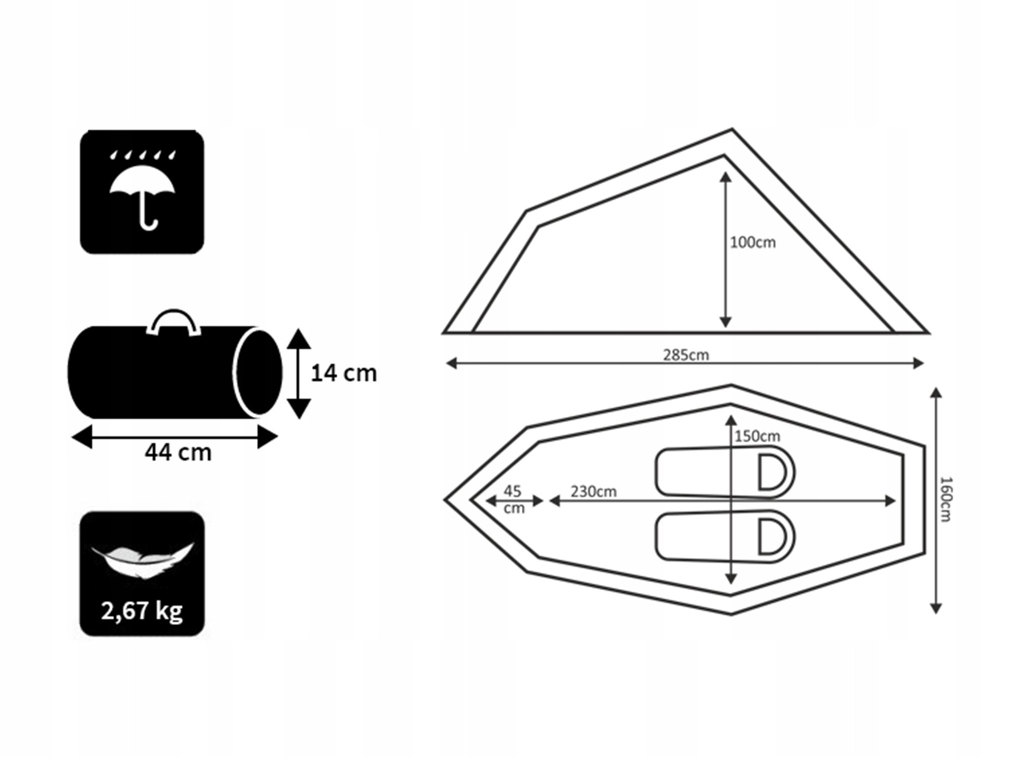 Diagramm eines Zeltes und Zubehörs mit Abmessungen und Gewichtsangaben, auf Weiß.