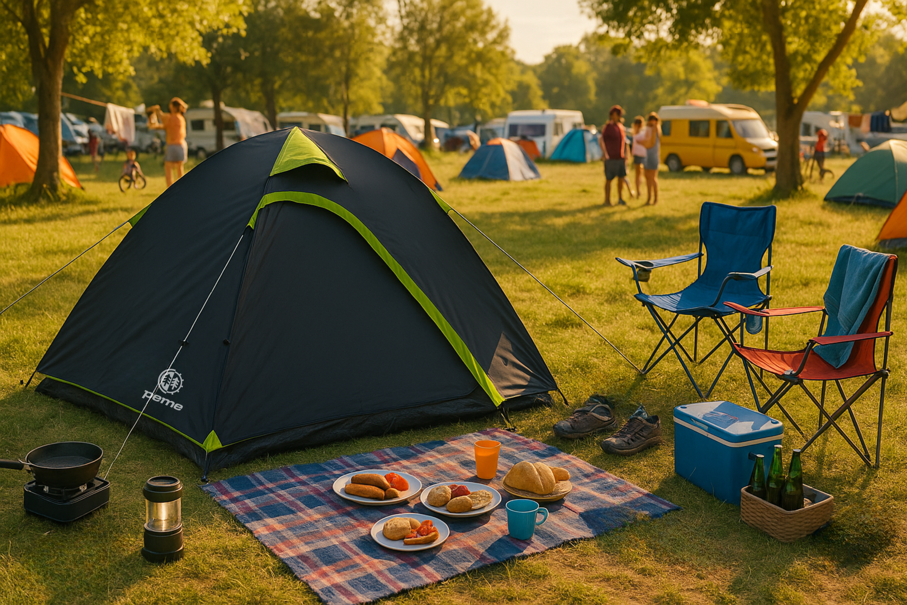Una escena de camping con una tienda de campaña, sillas, comida y gente. Otras tiendas y una furgoneta están al fondo.