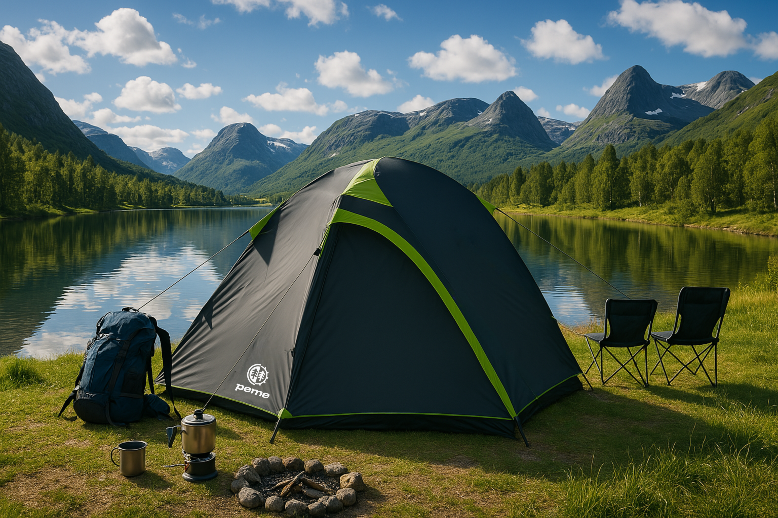 Tienda de campaña cerca de un lago con montañas al fondo. Una mochila, una taza y una fogata están en primer plano.
