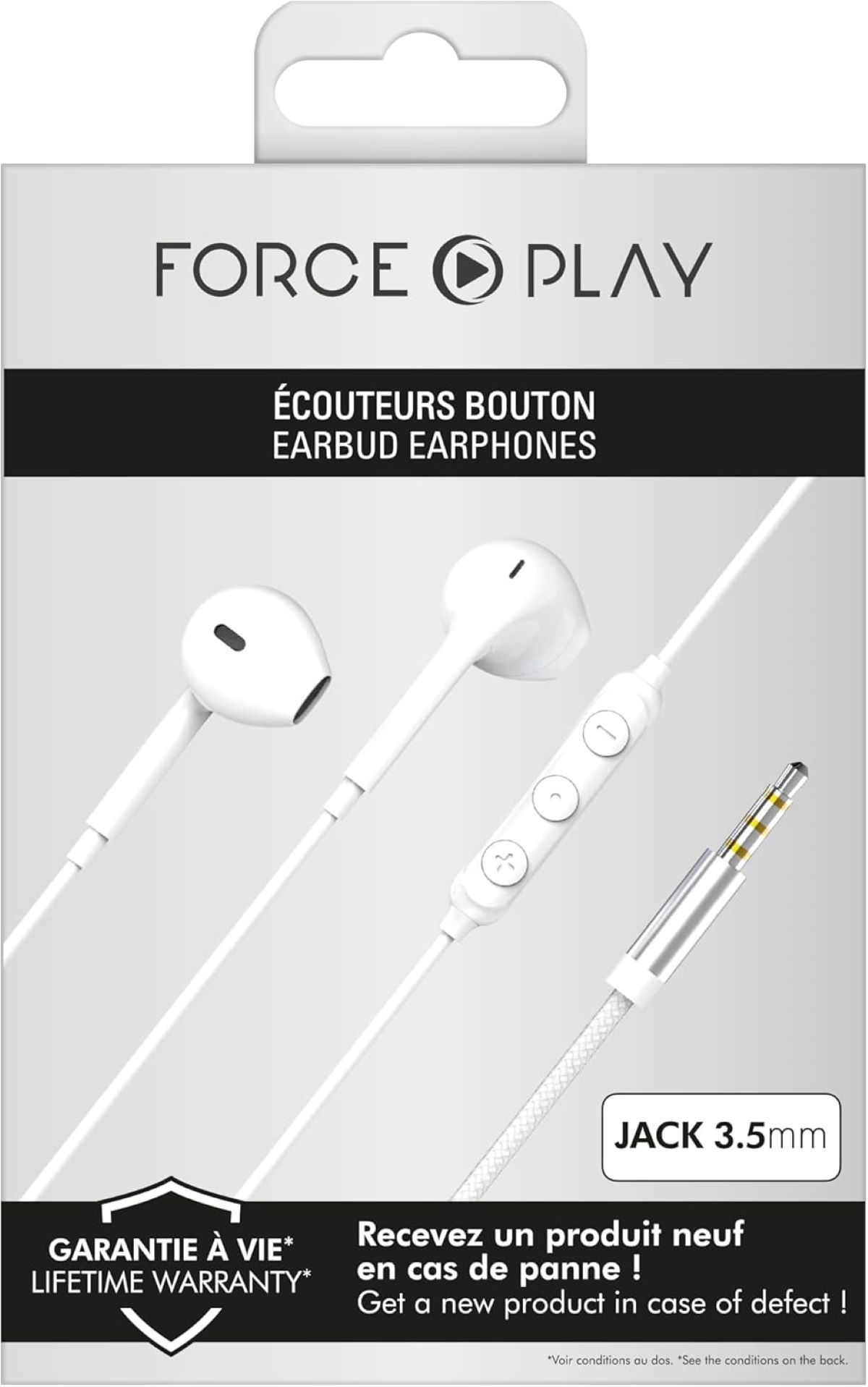 Opakowanie białych słuchawek dousznych ze szczegółami produktu, gniazdem 3,5 mm i dożywotnią gwarancją.