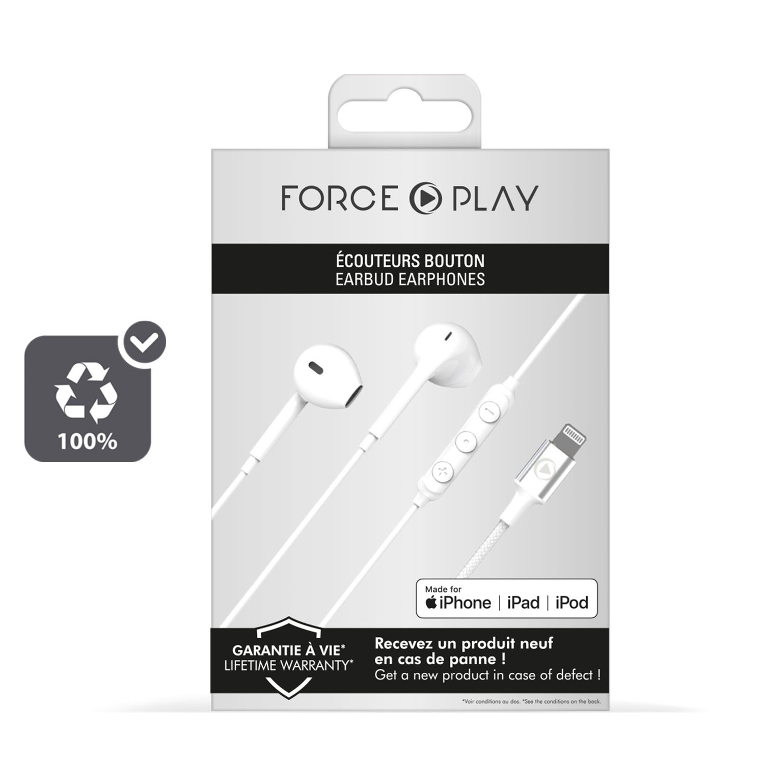 Verpackung für Ohrhörer. Weiße Ohrhörer an einem weißen Kabel und ein Lightning-Anschluss sind sichtbar.