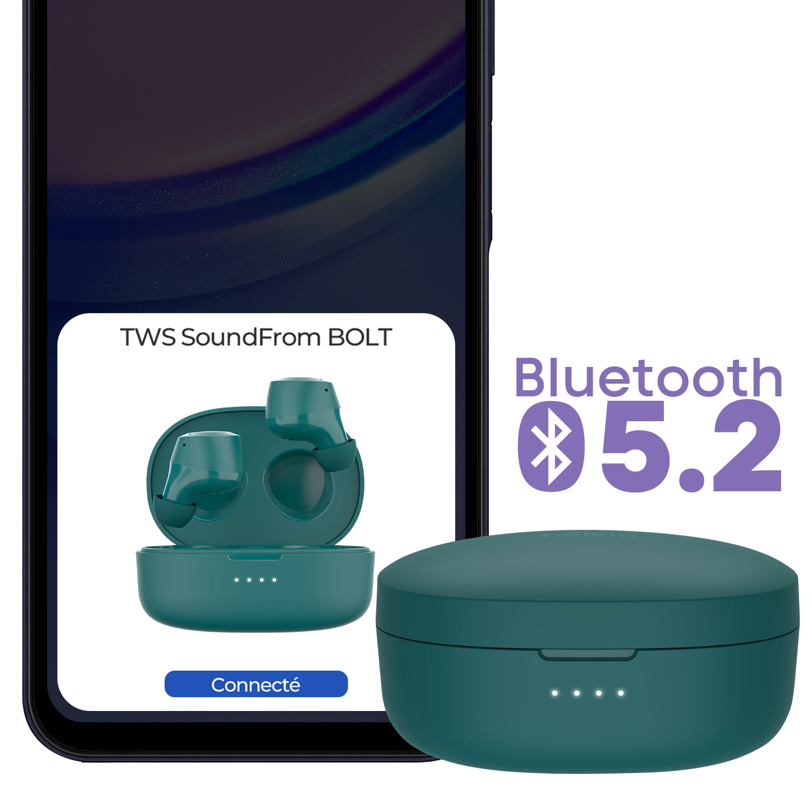 Türkisfarbene Ohrhörer und Ladeetui. Telefon zeigt verbundene Ohrhörer mit Bluetooth 5.2-Symbol.