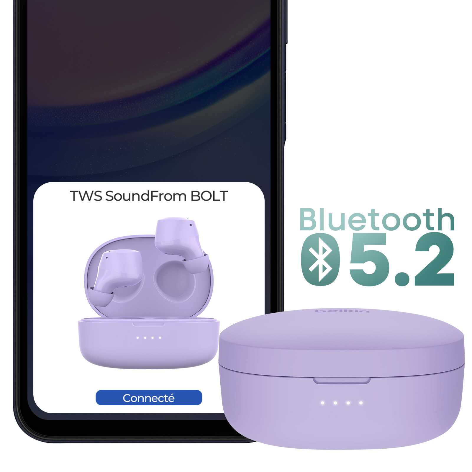 Een telefoon toont een Bluetooth-verbinding met TWS-oortelefoons in een paarse case. Bluetooth 5.2 logo.