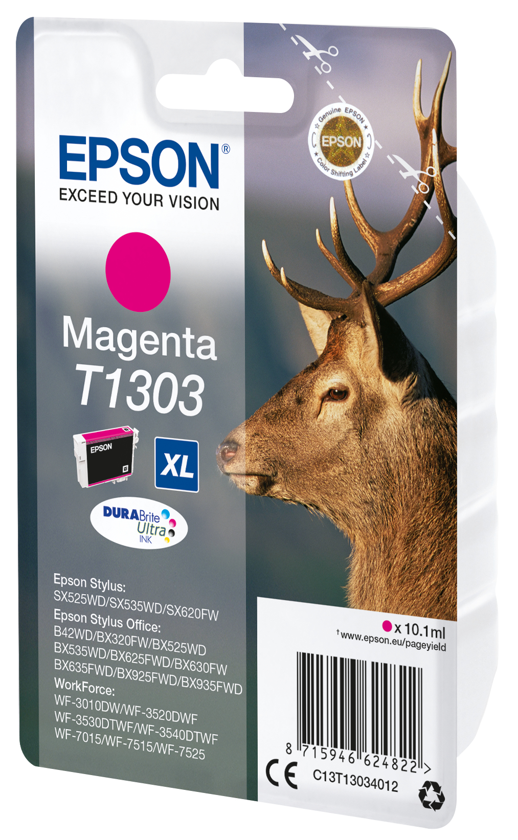 Magenta Epson Tintenpatronenverpackung mit einer Hirschillustration und Produktbeschreibung.