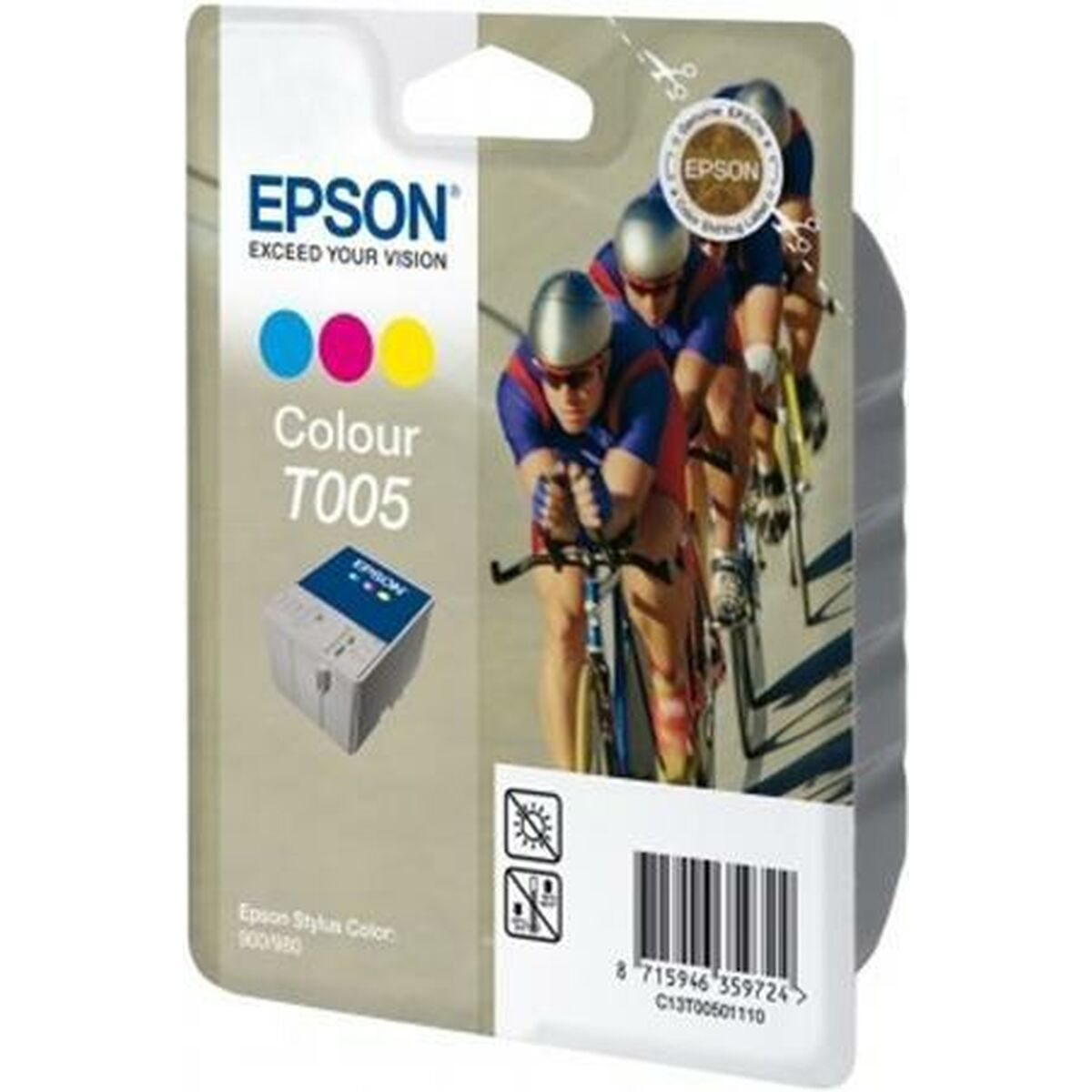 Confezione di cartucce d'inchiostro con ciclisti sopra. Vengono visualizzati i colori di inchiostro blu, magenta e giallo.