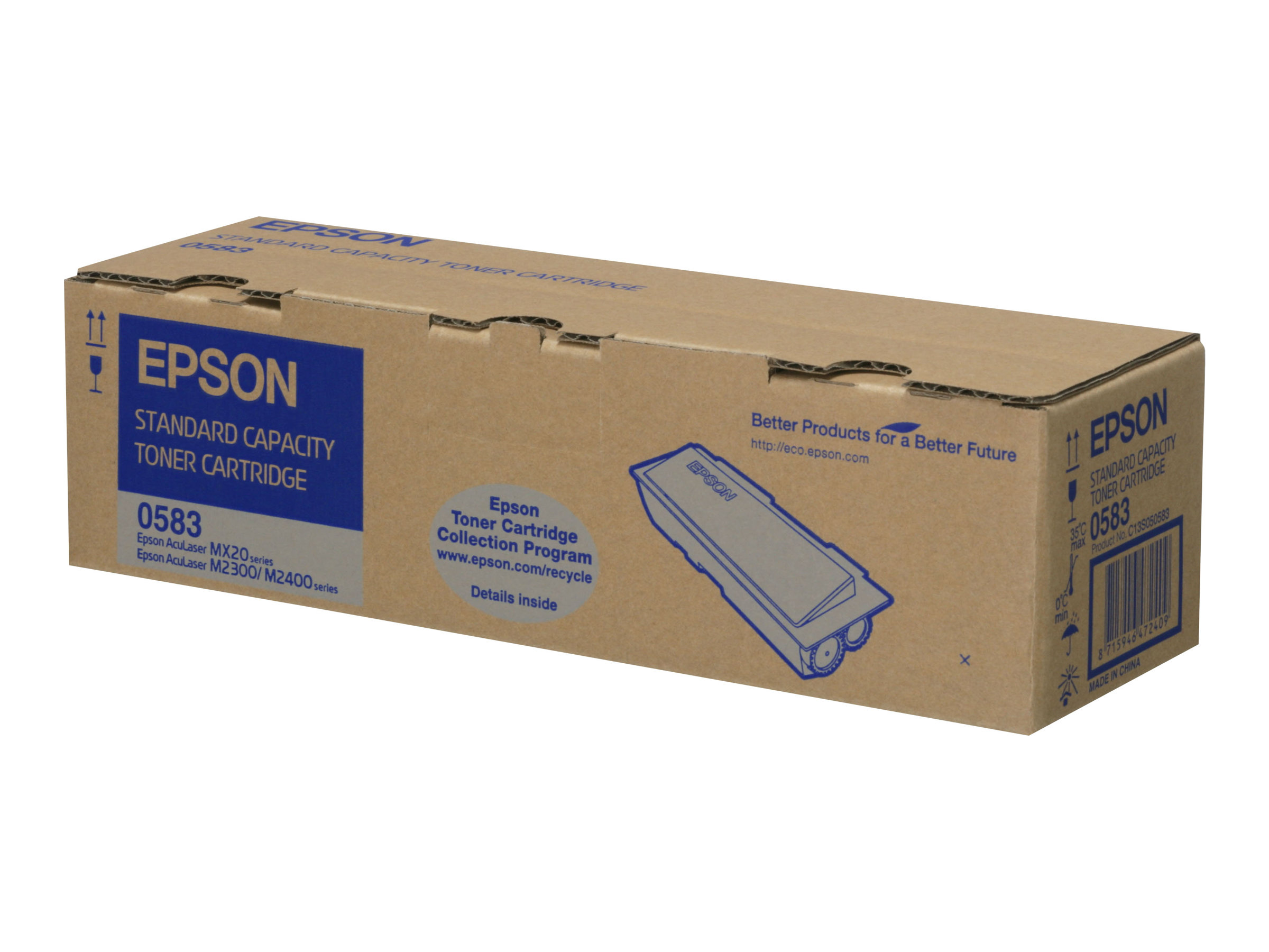 Una scatola di cartone di toner Epson. La scatola dice 'Epson' e 'Toner Cartridge'. Sfondo bianco.