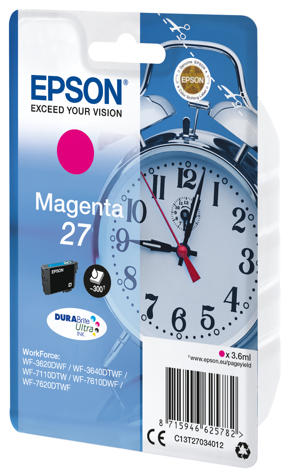 Epson Magenta 27 inktcartridge verpakking. Blauwe en witte verpakking. Klok op de achtergrond.
