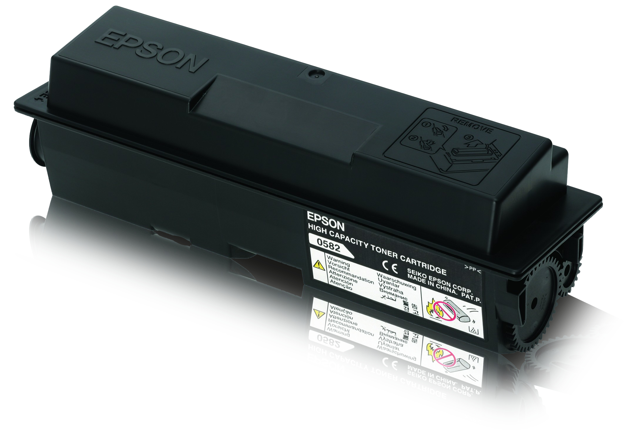 Schwarze Epson-Tonerkartusche. Auf dem Etikett steht 'Epson'. Weißer Hintergrund.