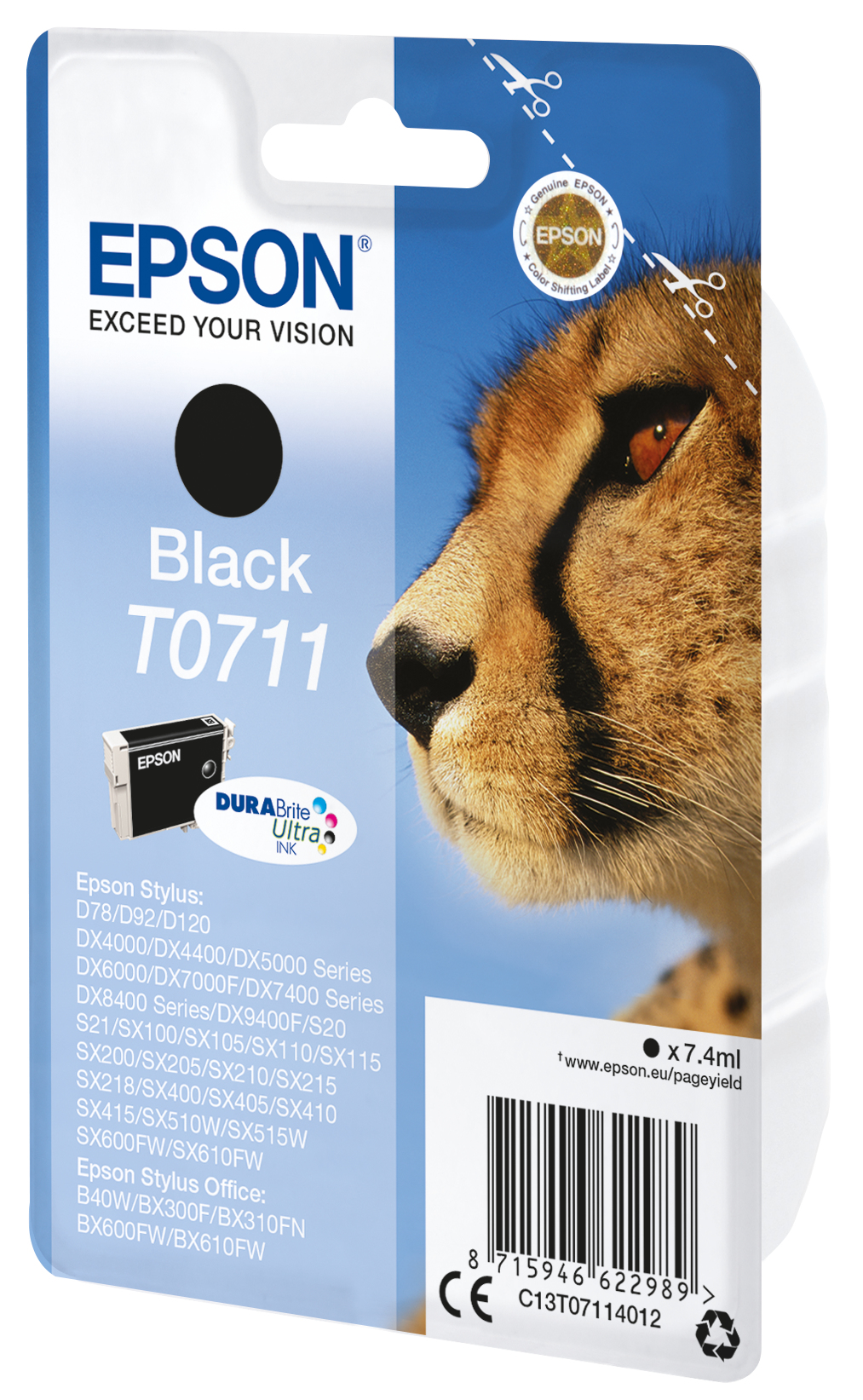 Opakowanie z wkładem atramentowym Black ze zdjęciem geparda. Zawiera Epson, Black, T0711, DuraBrite Ultra Ink.
