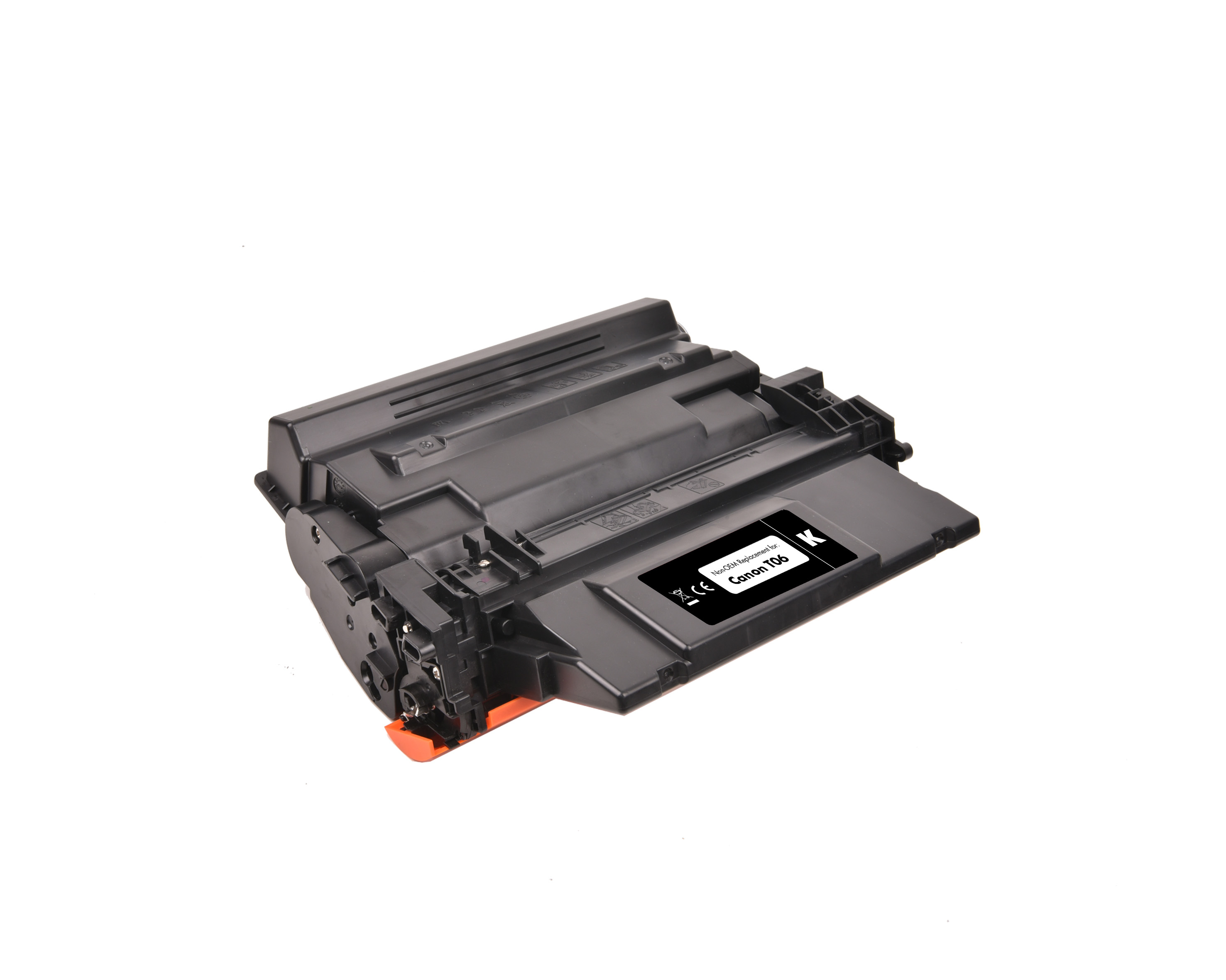 Una cartuccia toner nera per stampante con una parte verde e arancione. Lo sfondo è bianco.