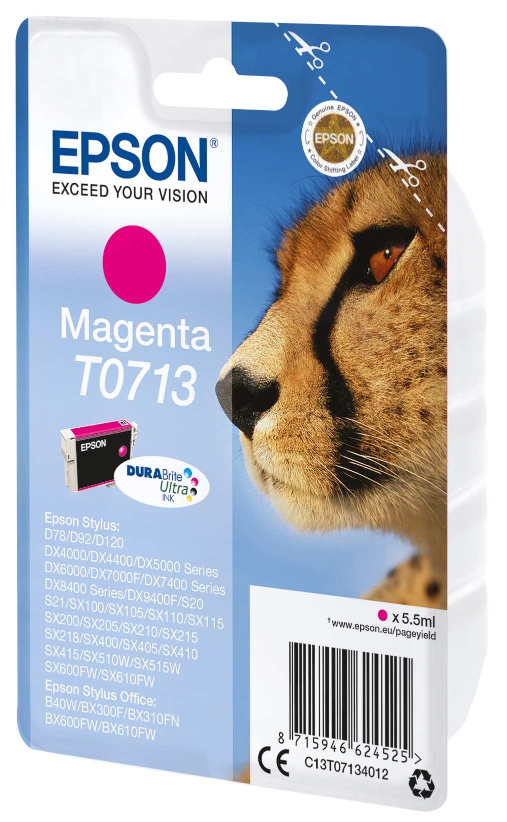 Epson magenta inktcartridge verpakking. De verpakking bevat een cheeta-afbeelding en productdetails.