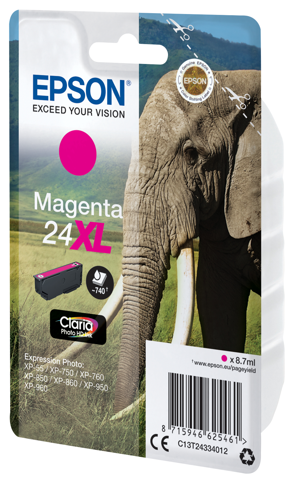 Una confezione di cartucce d'inchiostro Epson rosa con un'immagine di elefante.