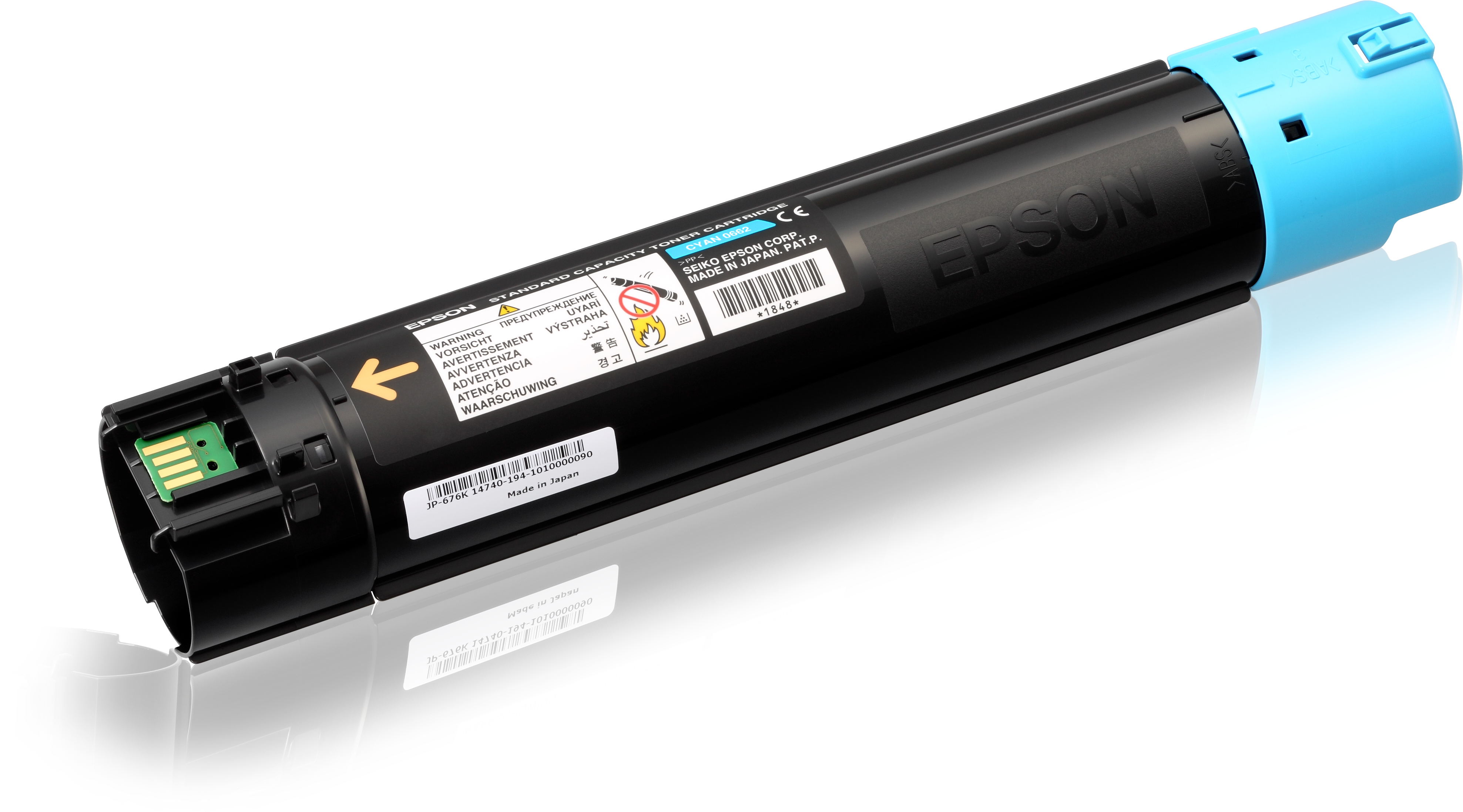 Cartuccia toner Epson, nera con tappo blu. Etichetta del prodotto visibile.