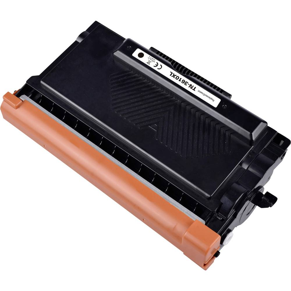 Cartuccia toner nera e arancione. La cartuccia ha un'etichetta.
