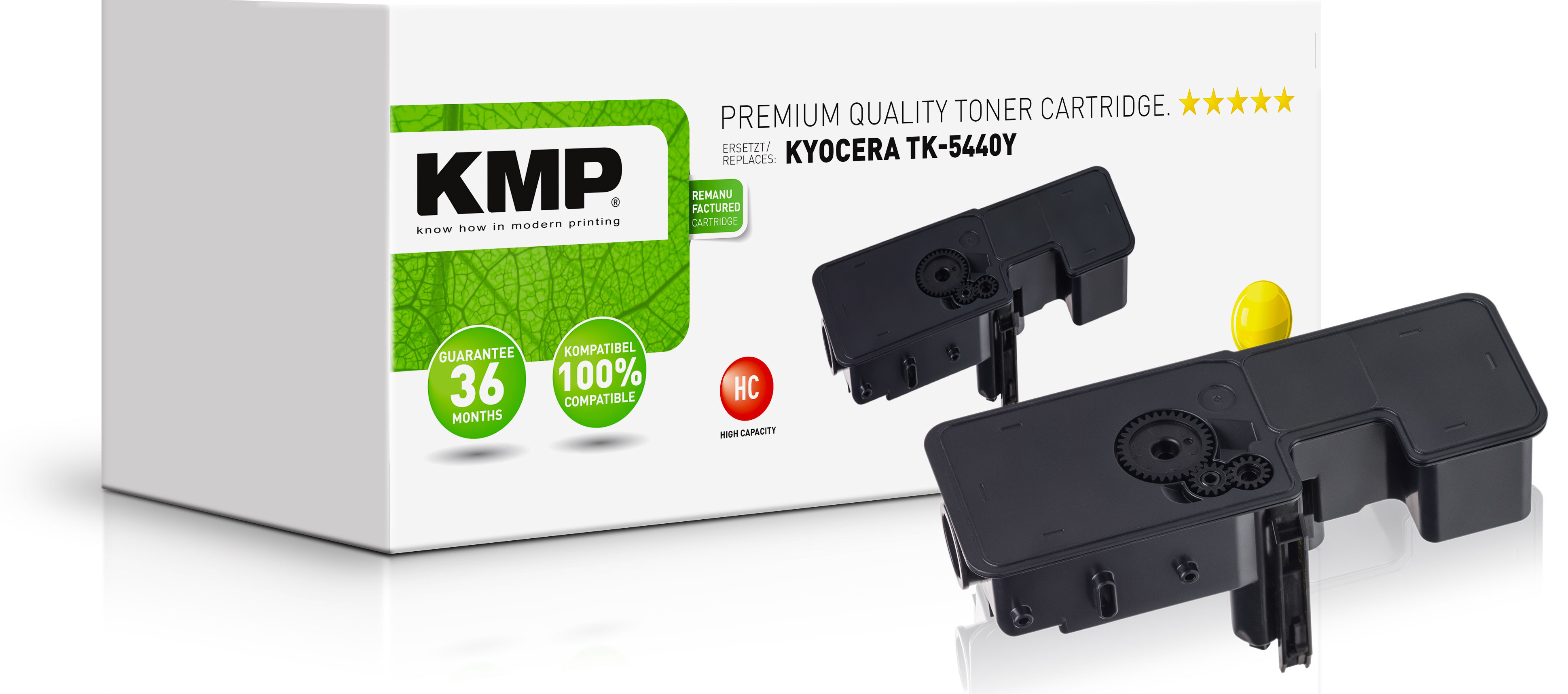 Pudełko z tonerem KMP, żółte wkłady Kyocera TK-5440Y, białe tło.