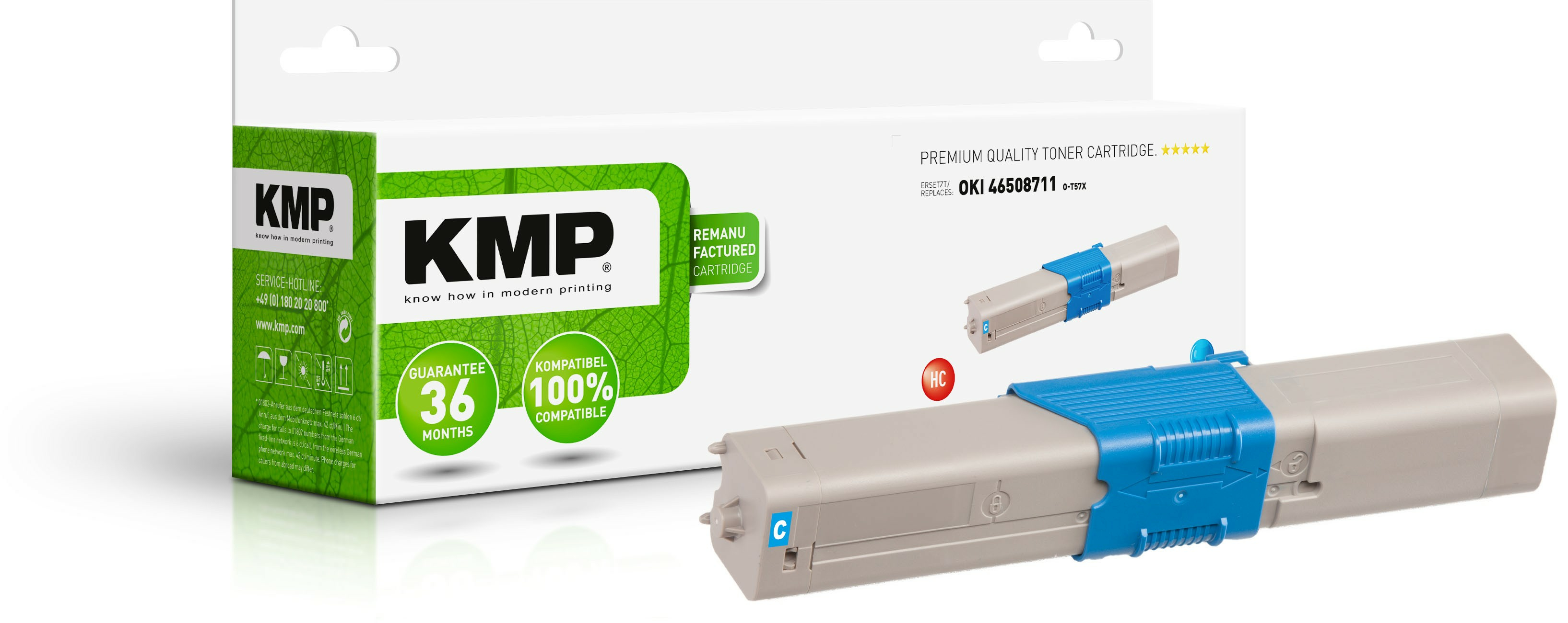 Scatola toner KMP, toner ciano OKI 445098711, sfondo bianco.