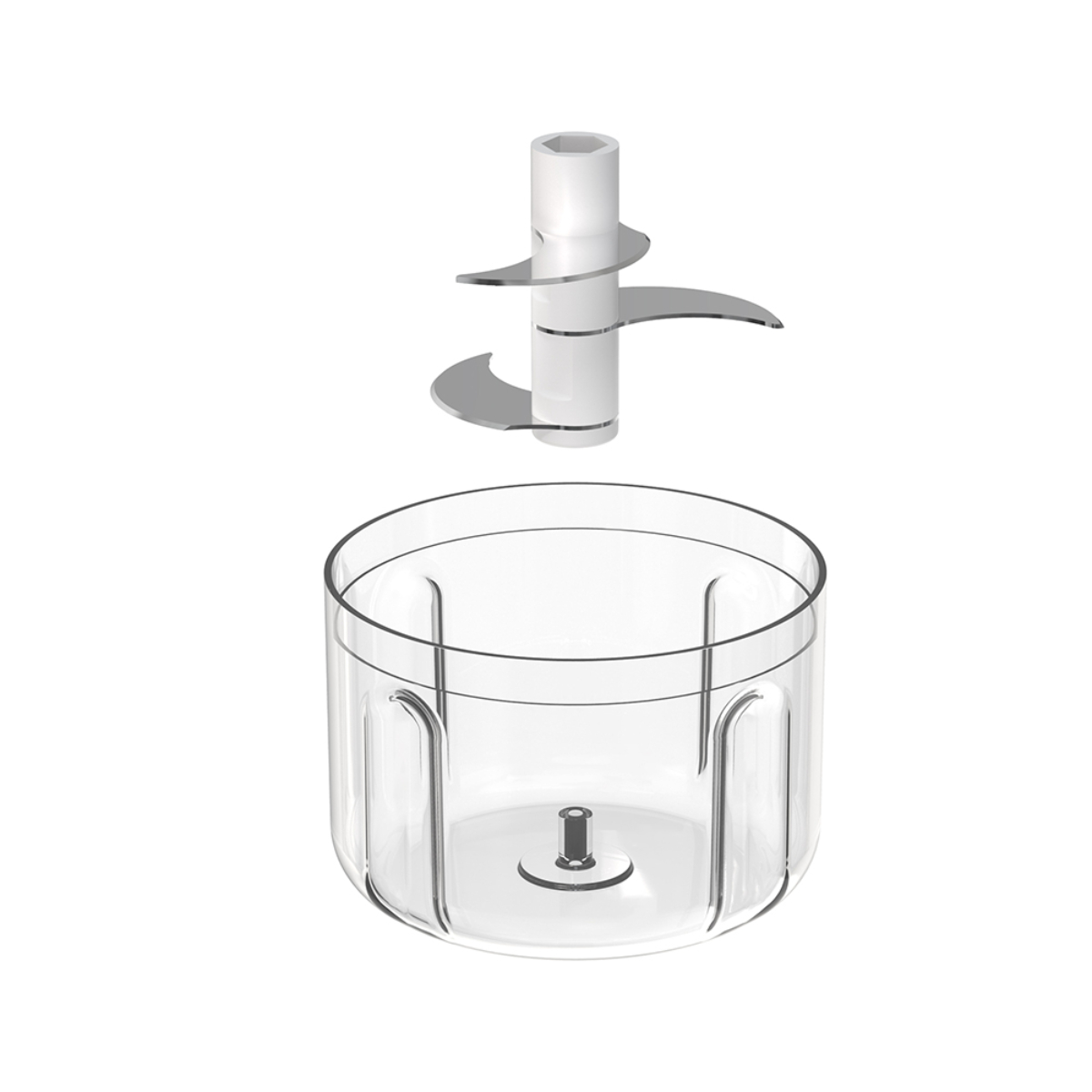Picadora de alimentos con juego de cuchillas separado y recipiente transparente.