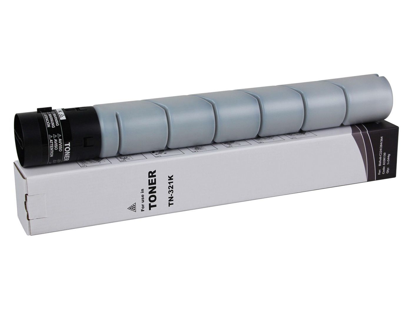 Cartuccia toner in una scatola, grigia e nera, su sfondo bianco.