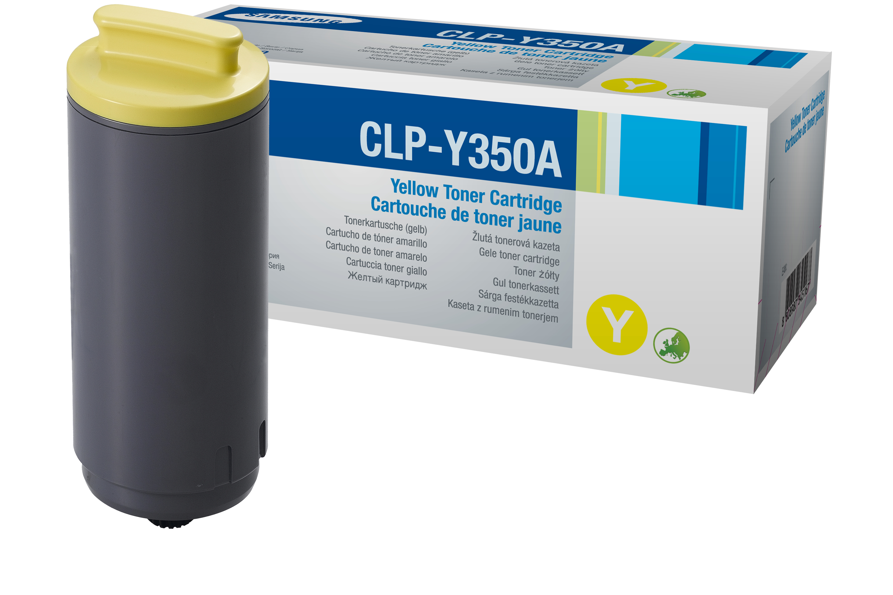 Cartuccia toner giallo Samsung CLP-Y350A e scatola. Cartuccia gialla e scatola bianca con testo giallo.