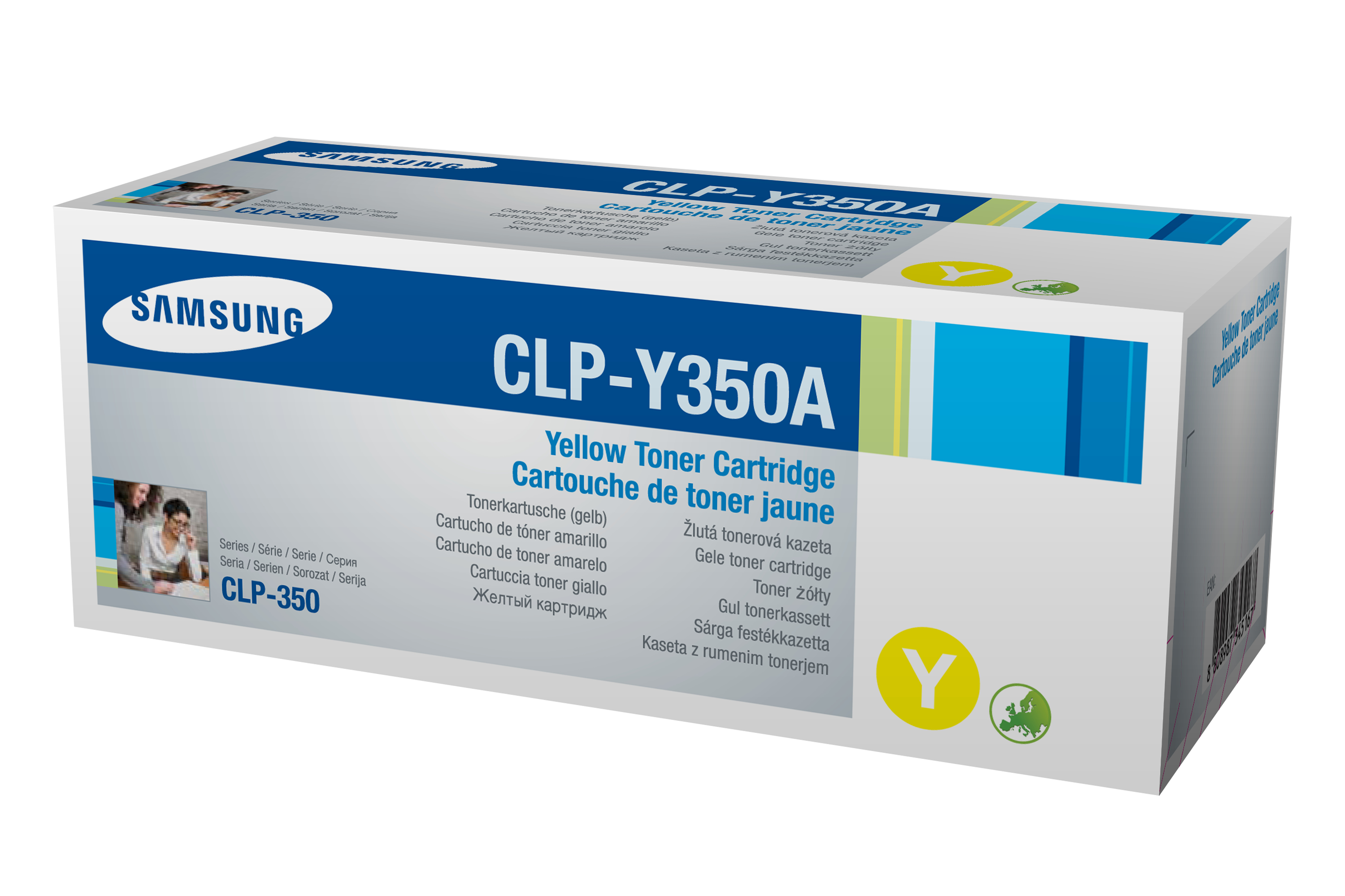 Scatola cartuccia toner giallo Samsung CLP-Y350A. Scatola bianca con testo blu e giallo. Cartuccia gialla.