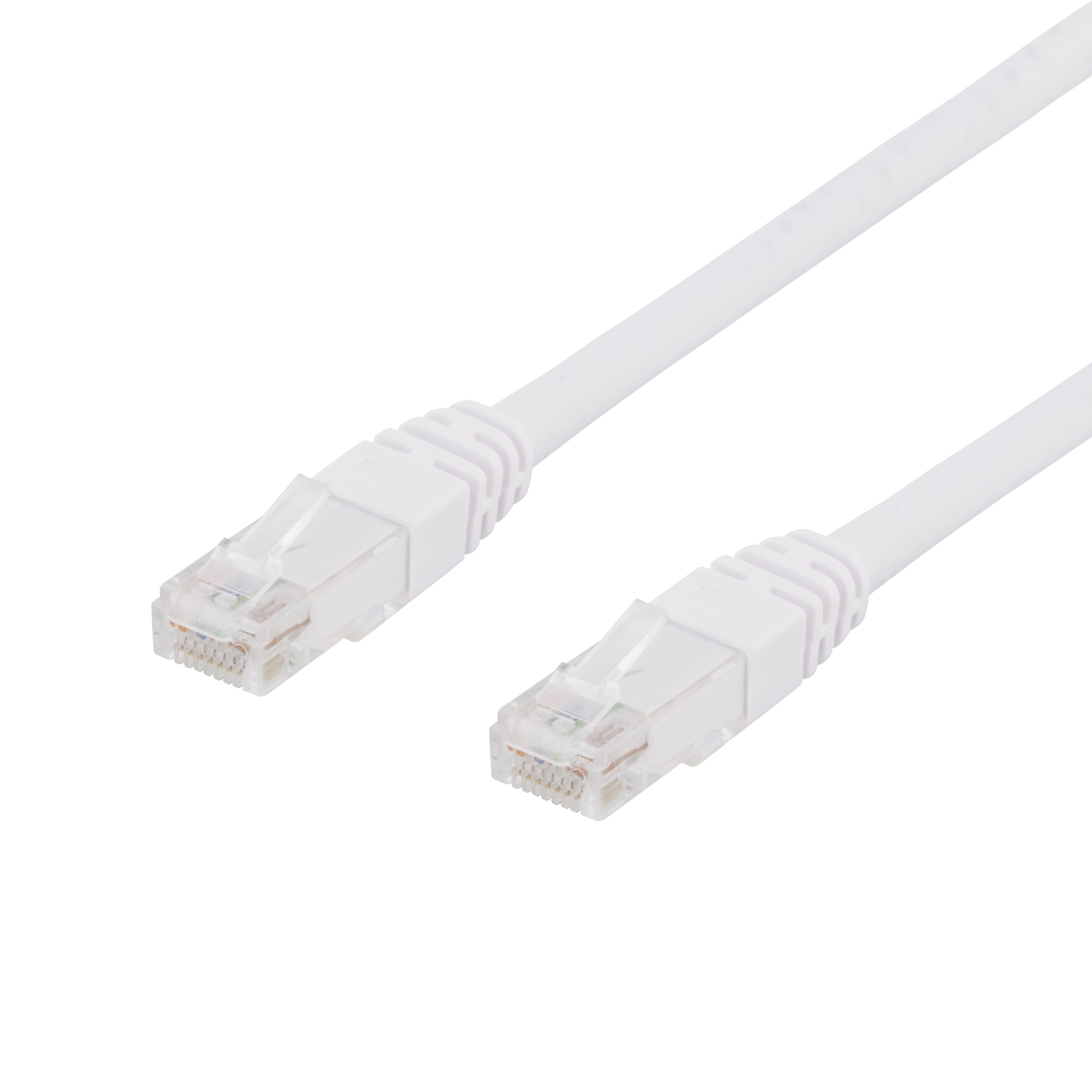 Due cavi Ethernet bianchi con connettori. Sfondo nero. I connettori hanno plastica trasparente e pin.