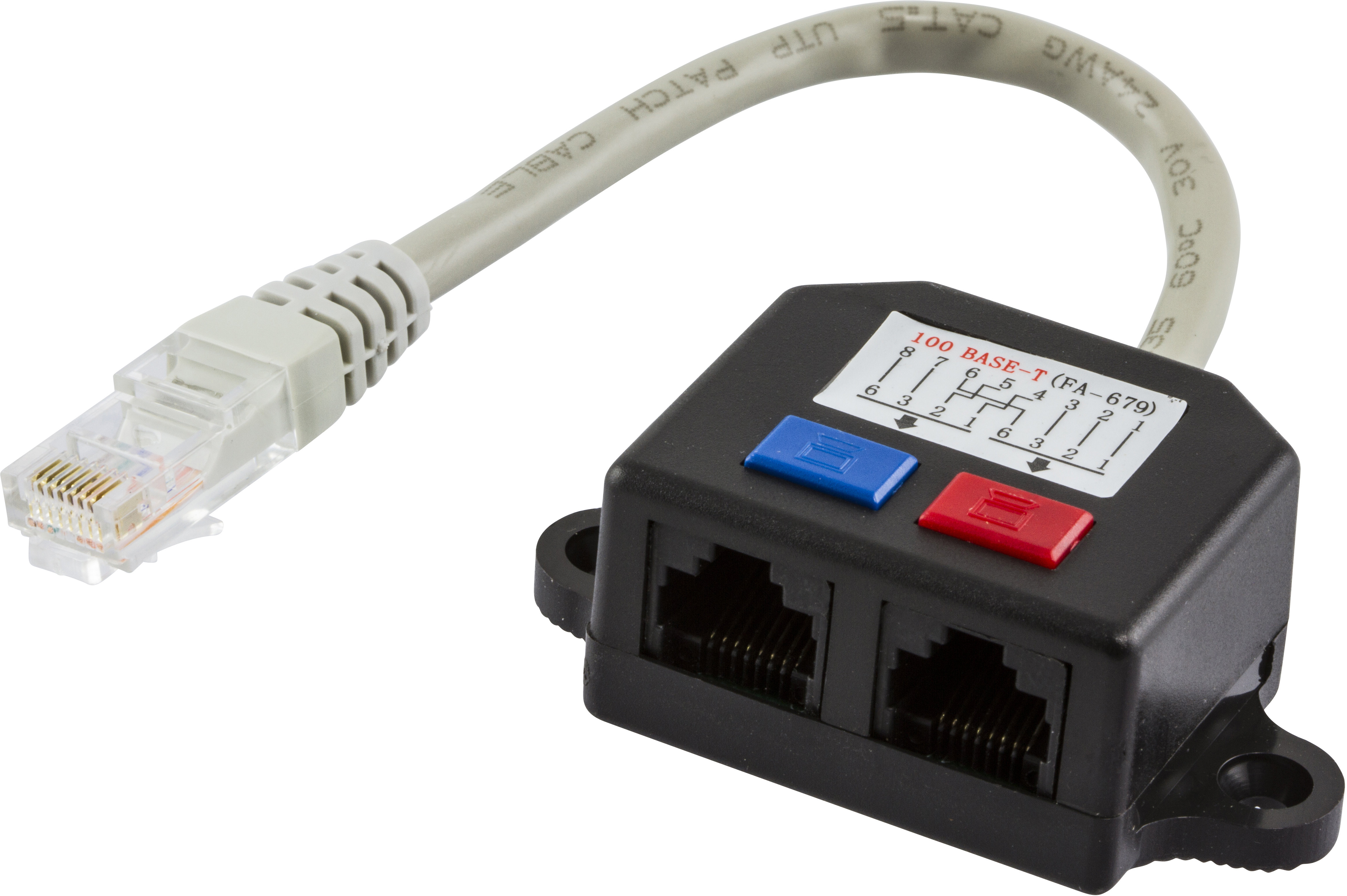 Splitter nero con due porte Ethernet e un cavo grigio. Pulsanti blu e rossi. Sfondo bianco.