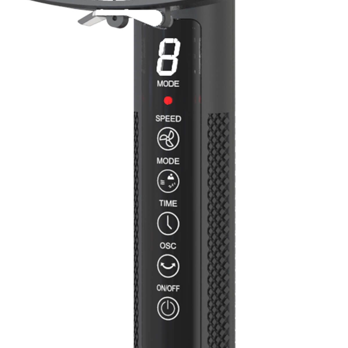 Czarny panel sterowania wentylatorem z przyciskami i wyświetlaczem cyfrowym '8'. Wentylator ma inne ustawienia.