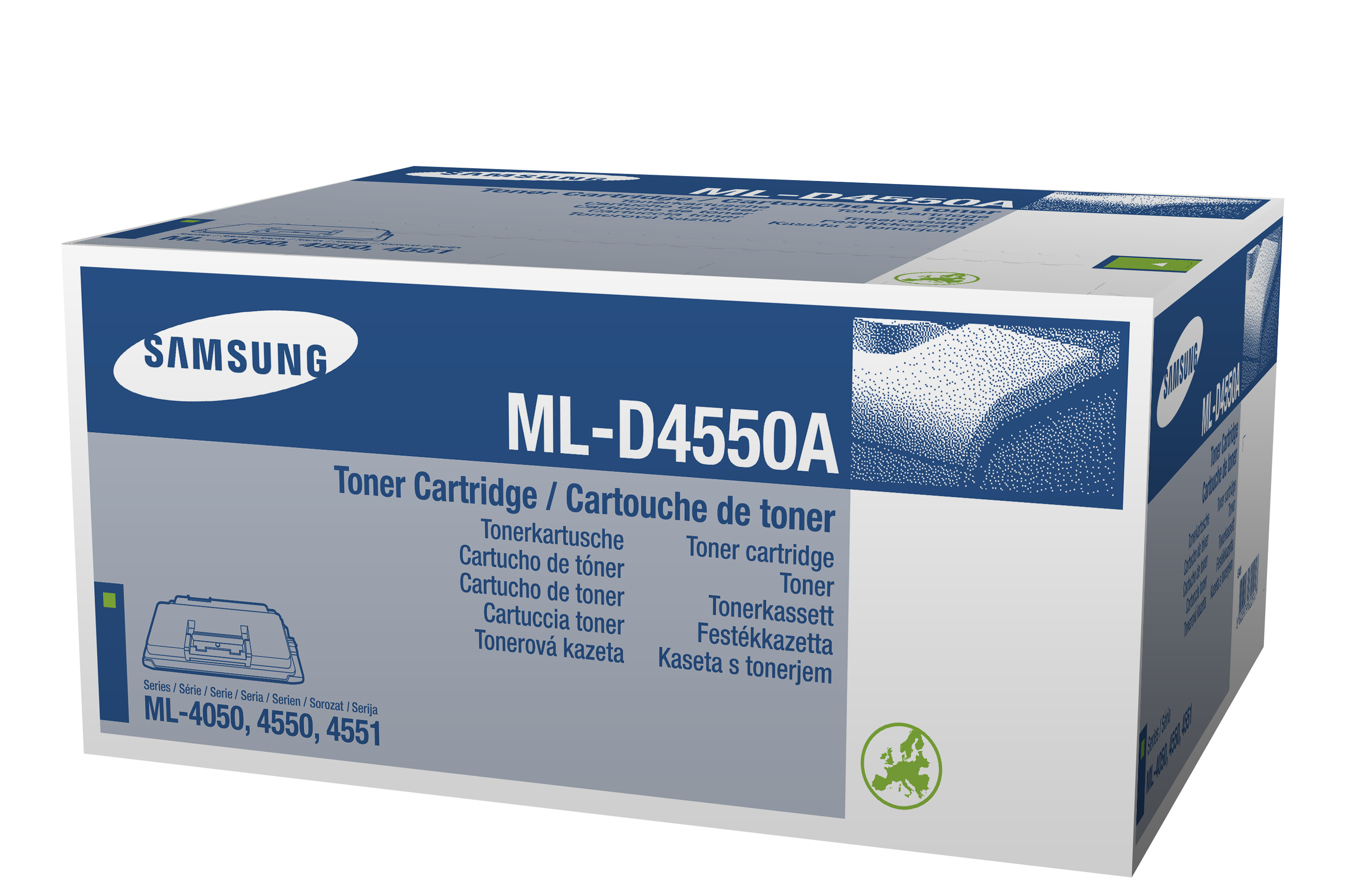 Scatola per cartucce toner bianca e grigia con testo e logo. Sfondo bianco.