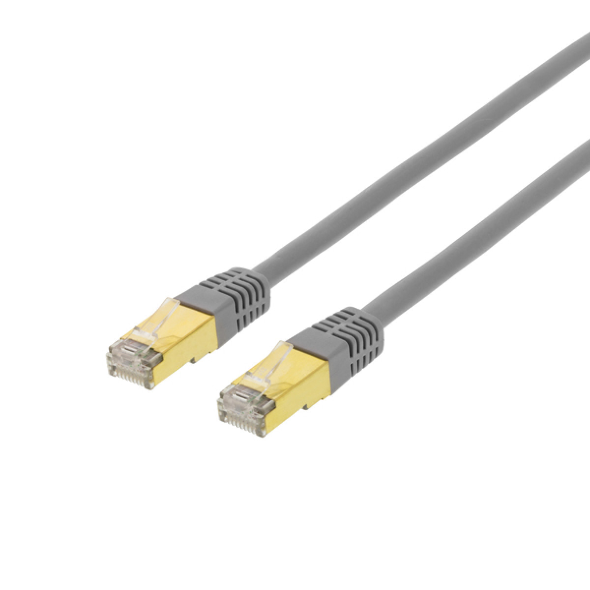Due cavi Ethernet grigi con connettori. Sfondo bianco.