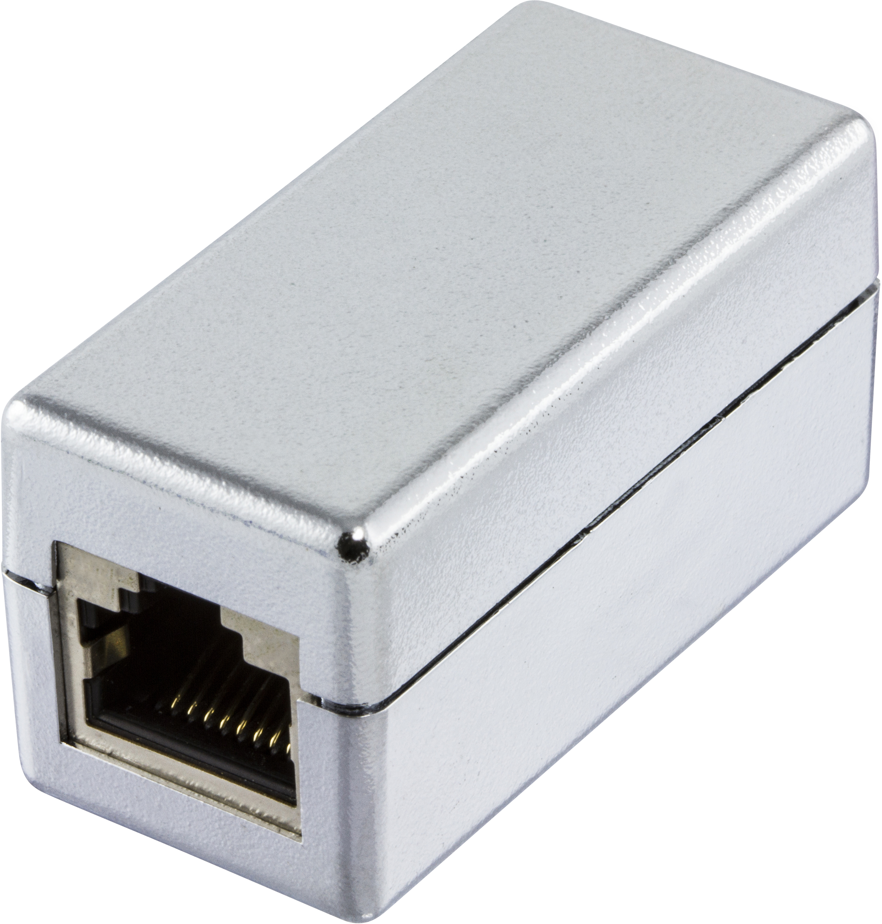 Un adattatore Ethernet argentato con una porta RJ45, isolato su sfondo bianco.
