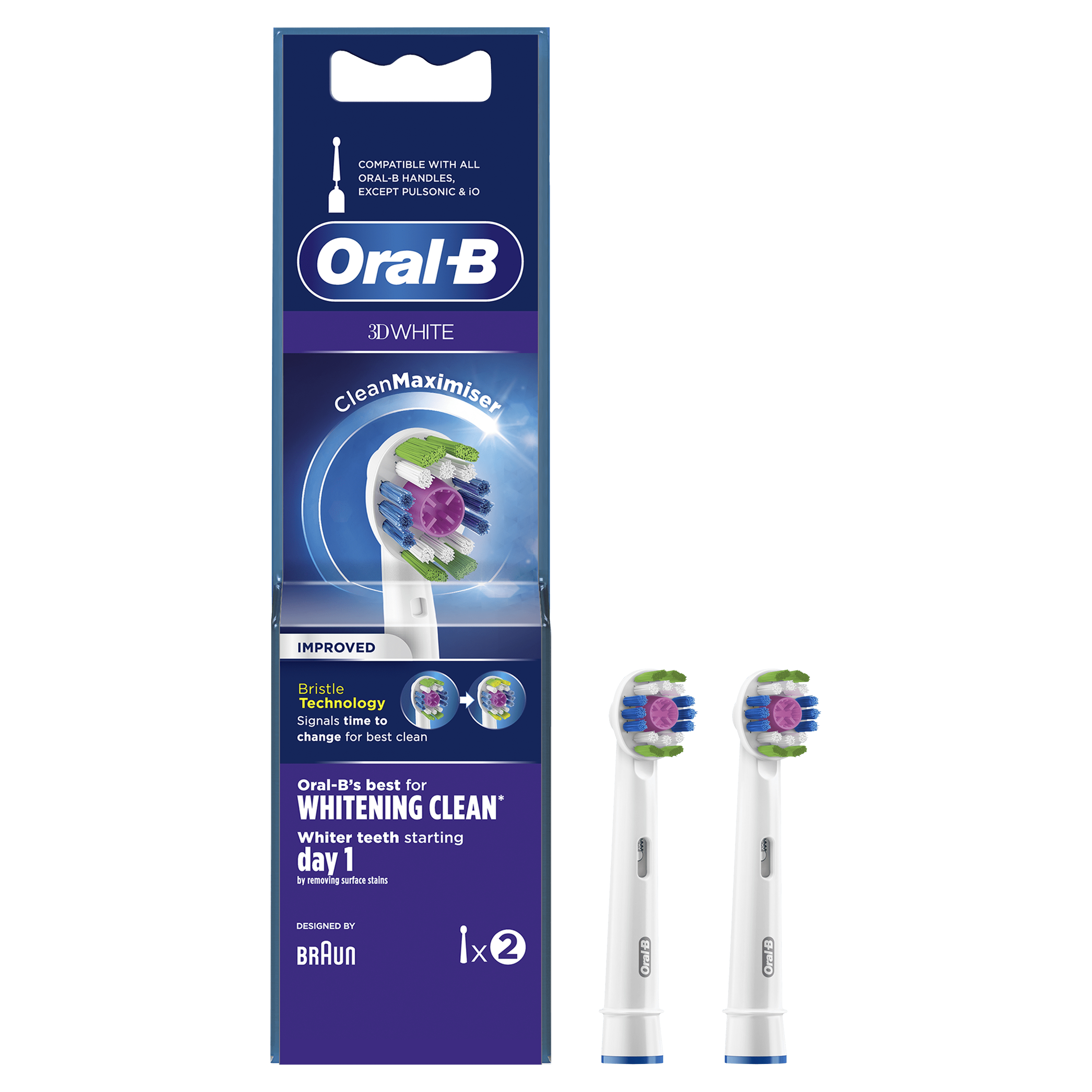 Confezione testine Oral-B 3D White. Due testine, bianche con setole colorate. Sfondo bianco.