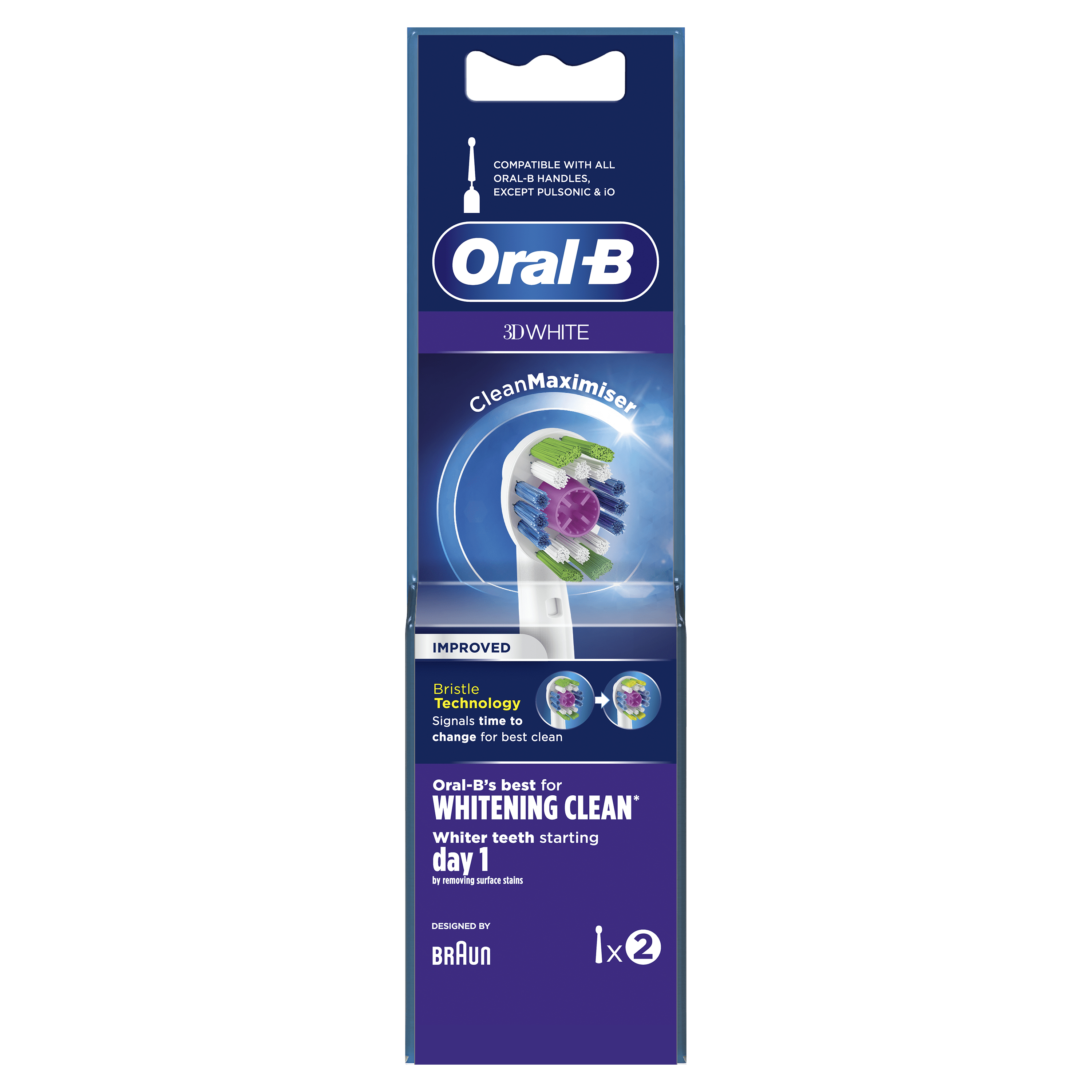 Confezione testine Oral-B 3D White. Due testine, bianche con setole colorate. Sfondo bianco.