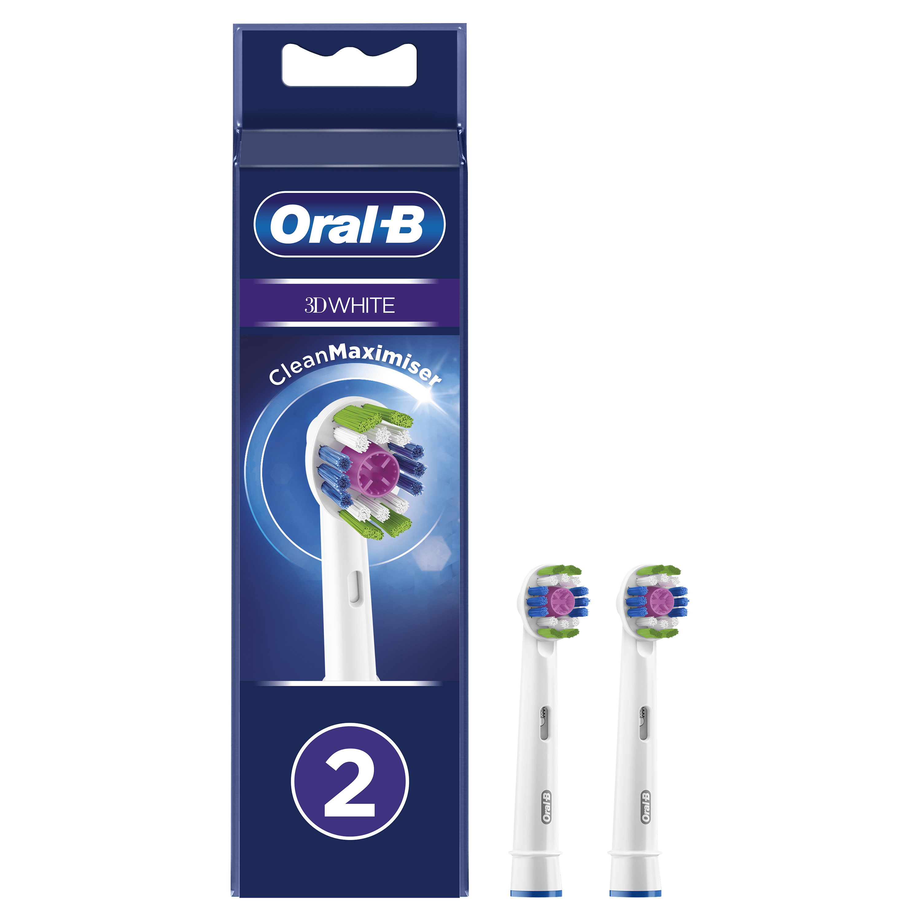 Confezione testine Oral-B 3D White. Due testine, bianche con setole colorate. Sfondo bianco.