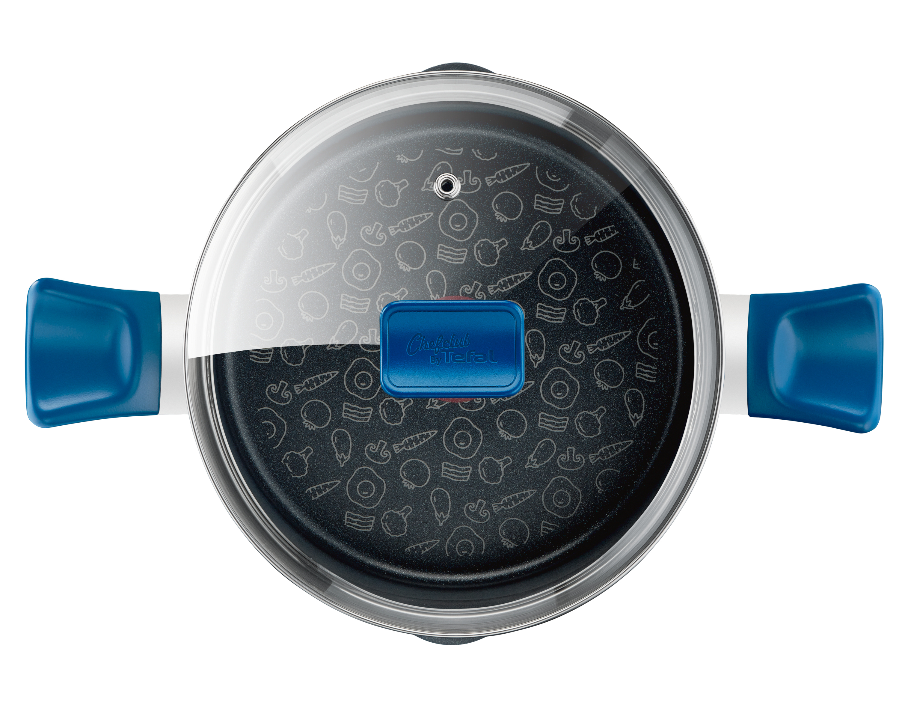Widok z góry na niebieski garnek ze szklaną pokrywką. Wnętrze pokazuje ikony jedzenia.