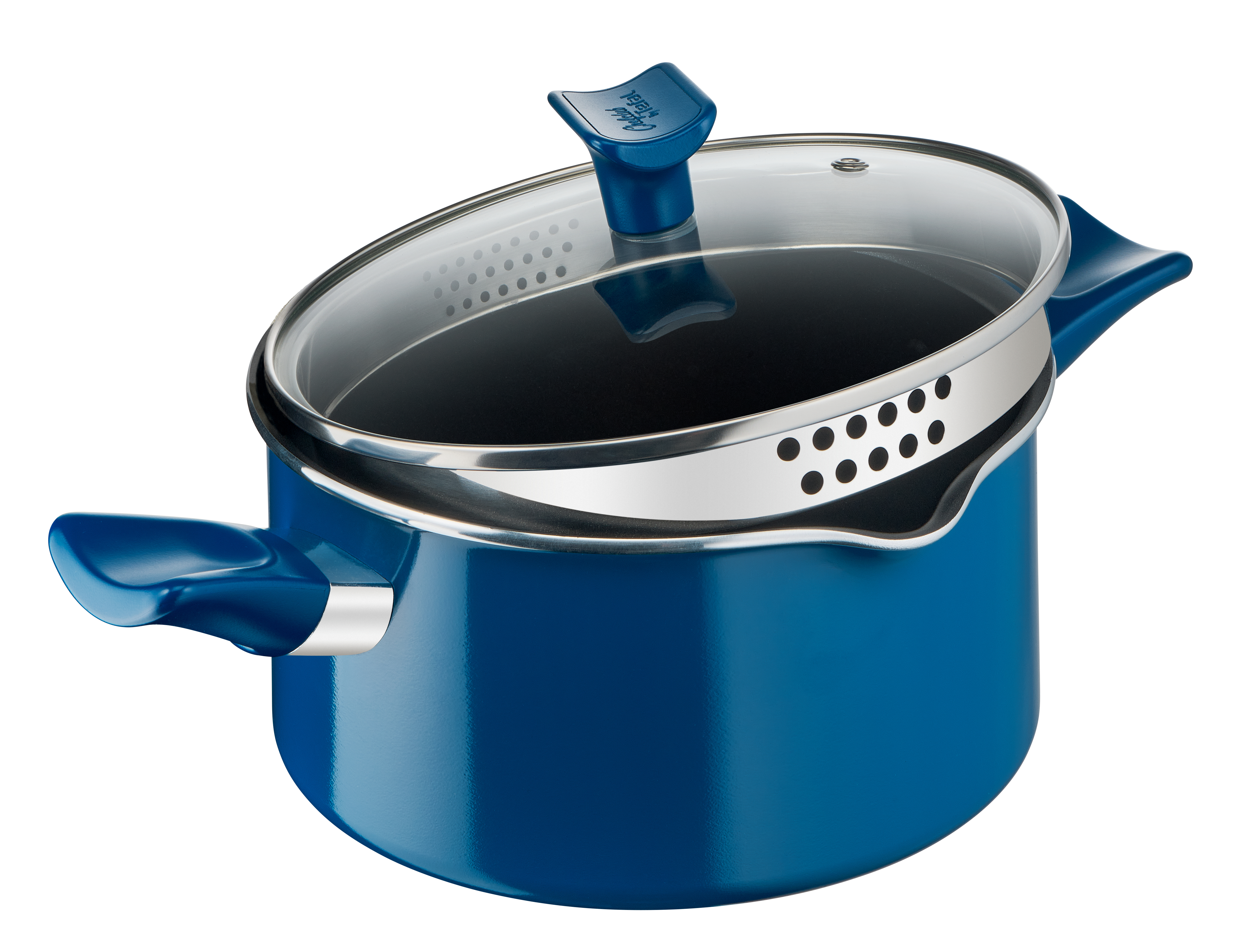 Niebieski garnek z szklaną pokrywką i uchwytami bocznymi, na białym tle.