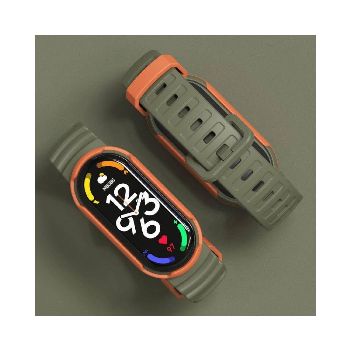 Zwei Smartwatches, eine zeigt die Uhrzeit, umgeben von orangefarbenen und olivgrünen Bändern.