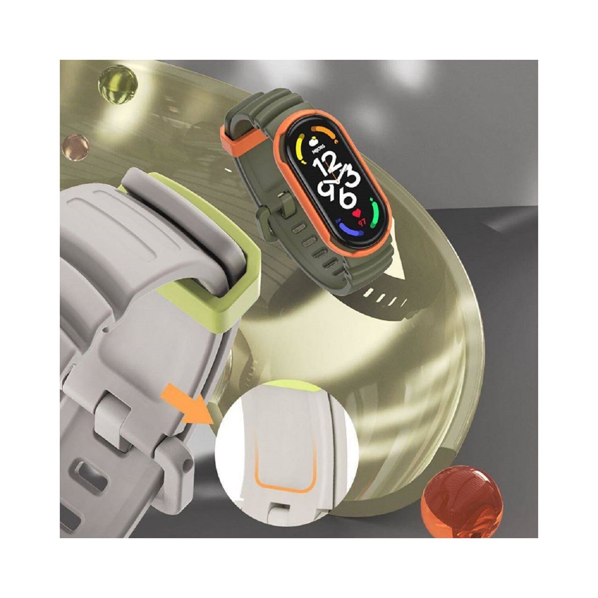 Smartband mit Digitalanzeige, Nahaufnahme, auf reflektierender Oberfläche. Orange Akzente.