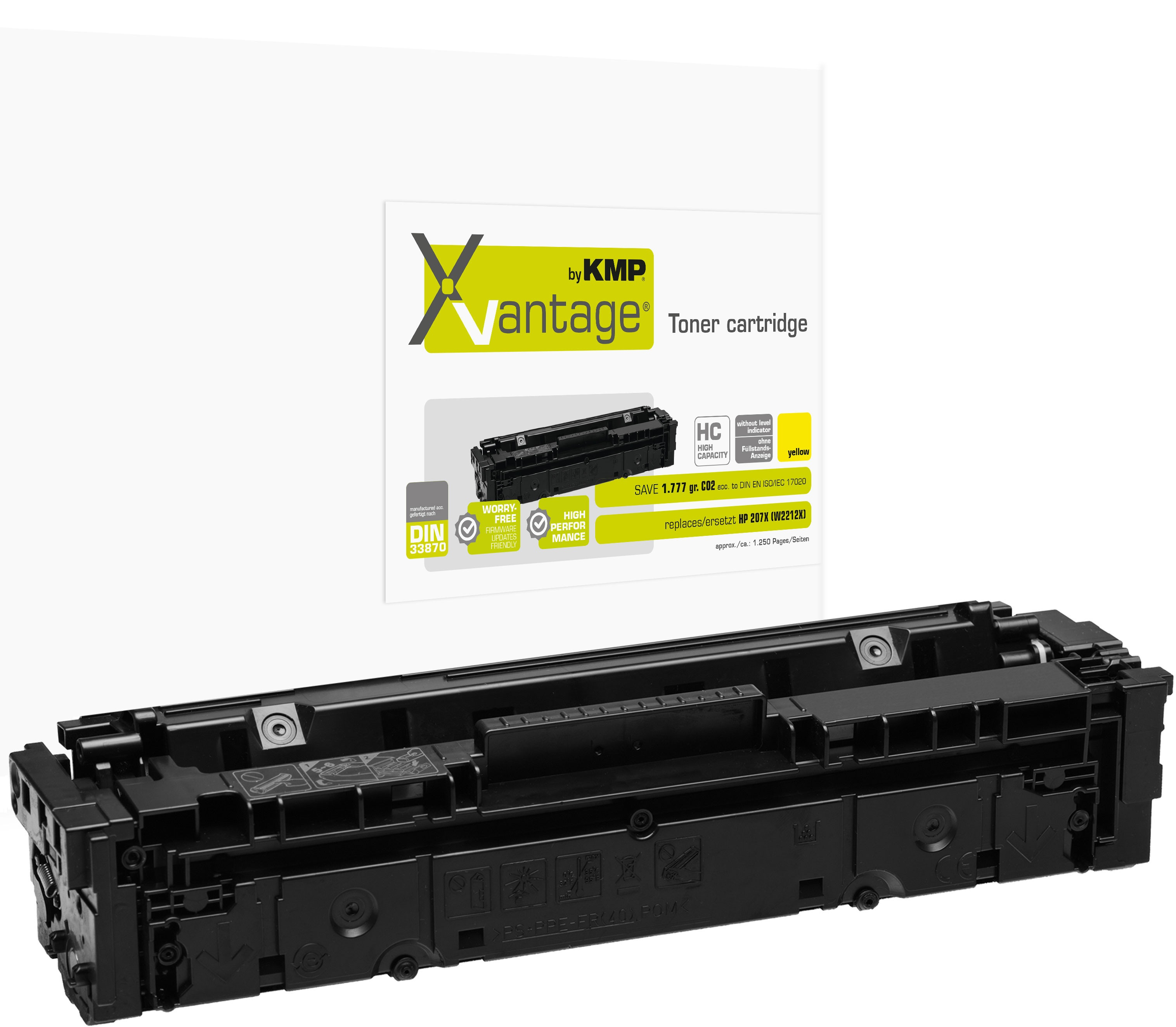 Cartuccia toner nera e scatola KMP, etichetta gialla, sfondo bianco.