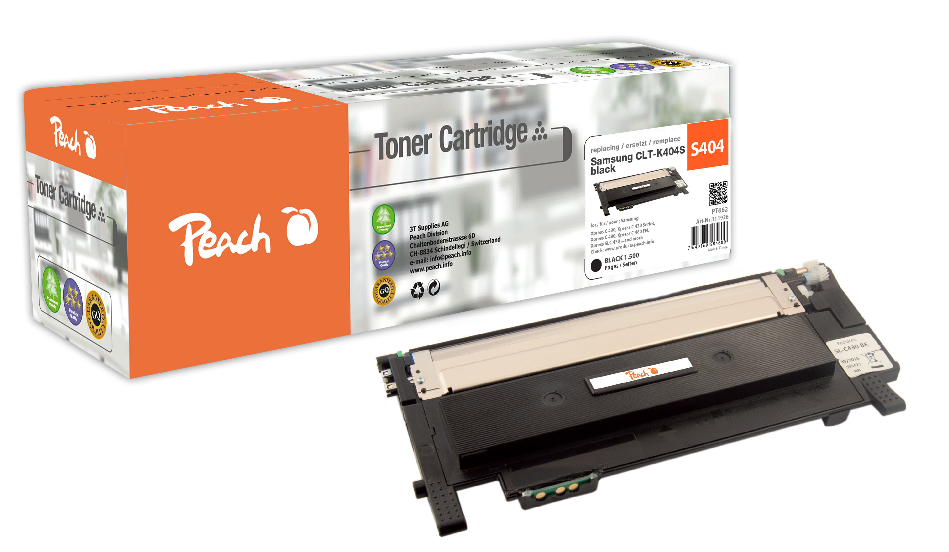 Cartucho de tóner Peach y caja. Cartucho negro, caja naranja, fondo blanco.