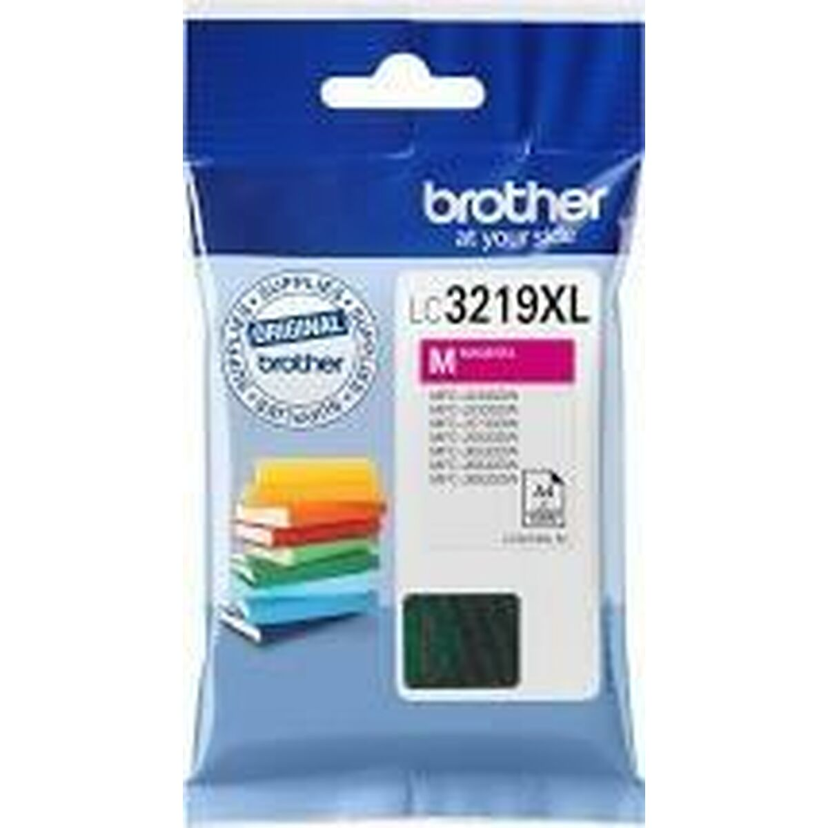 Confezione cartuccia inchiostro Brother, blu e bianco, etichetta magenta. Libri.