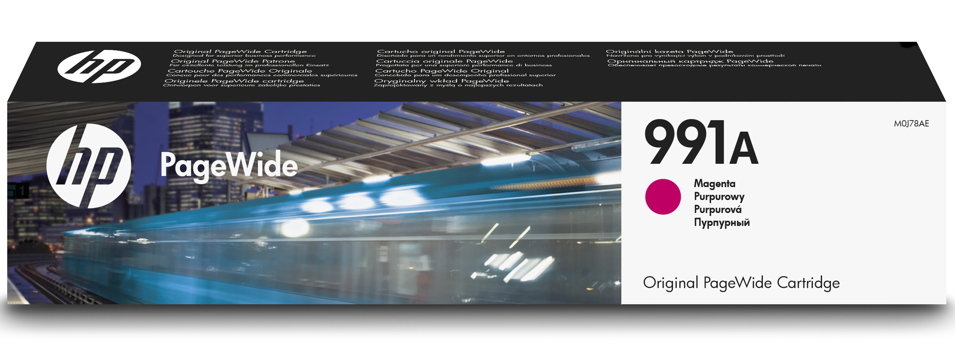 Scatola cartuccia magenta HP PageWide. La scatola è bianca con testo magenta e immagine di una città.