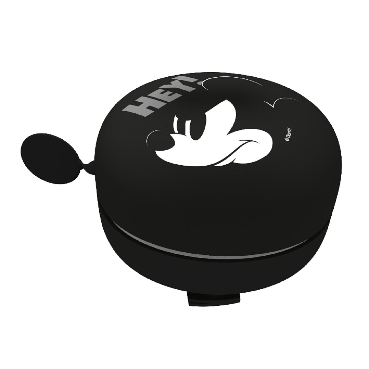 Schwarze Fahrradklingel mit weißer Mickey Mouse Silhouette und dem Wort 'HEY!' darauf.