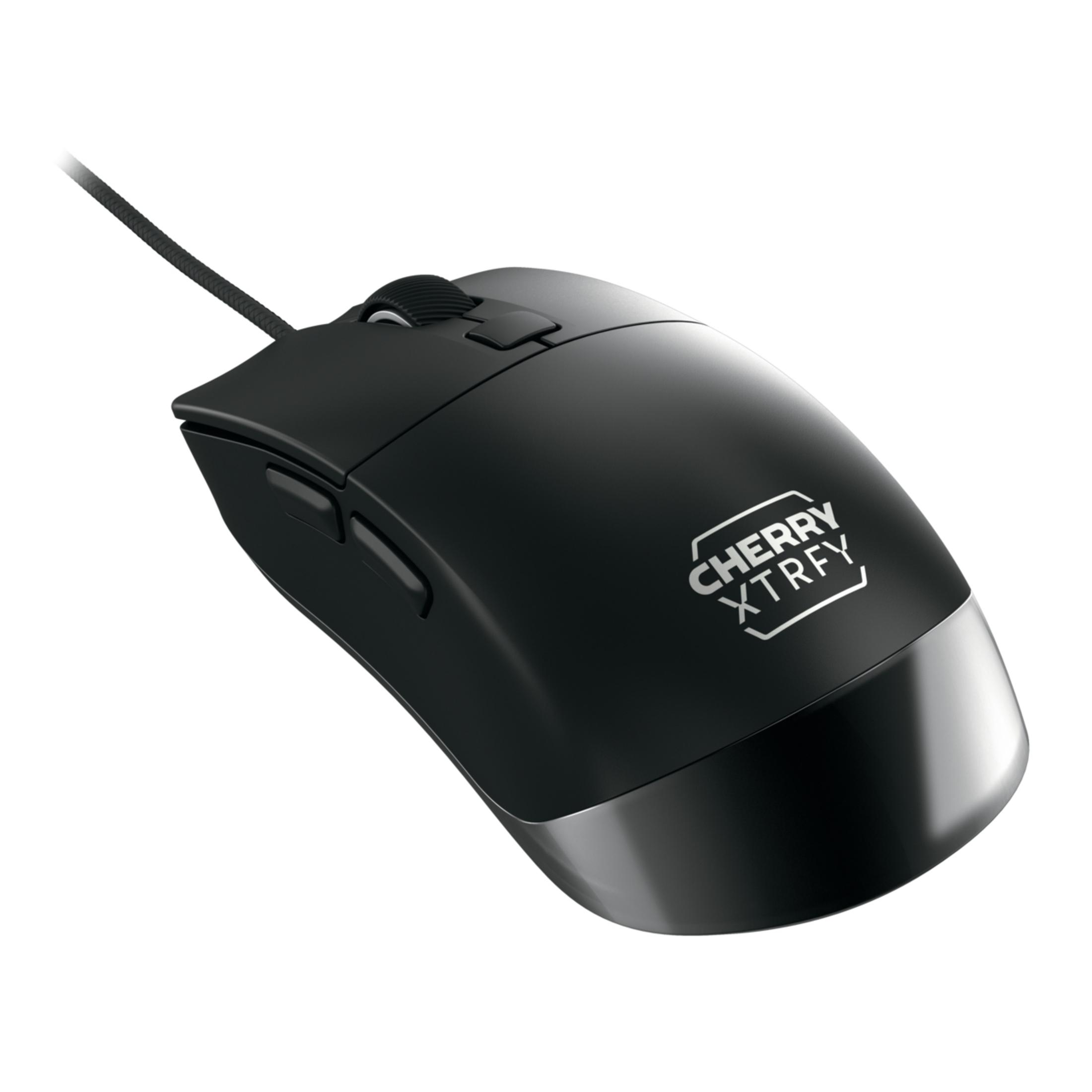 Schwarze Gaming-Maus mit Cherry Xtrfy-Logo. Sie hat ein Scrollrad und zwei Seitentasten.