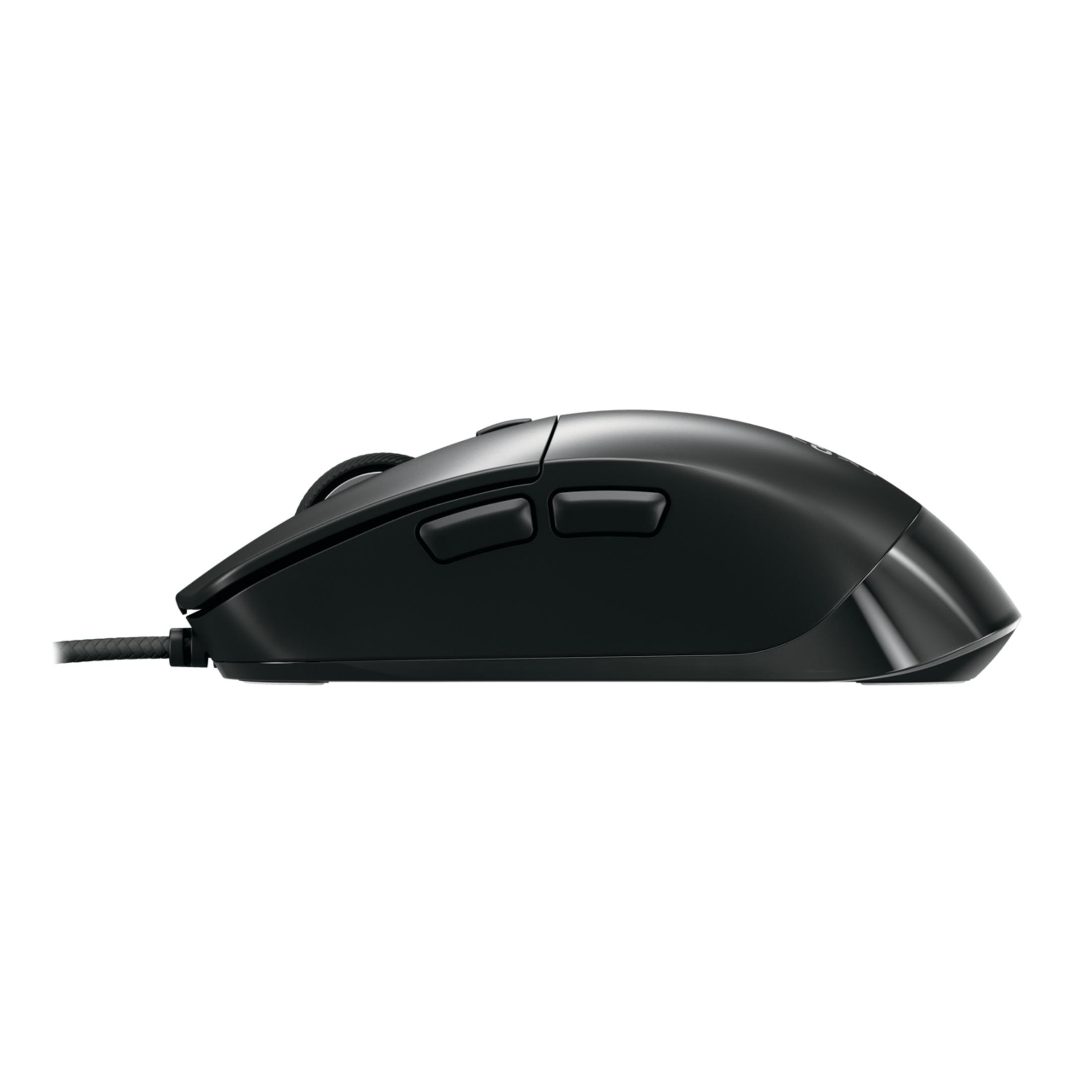 Schwarze Maus mit Tasten und Kabel. Weißer Hintergrund.