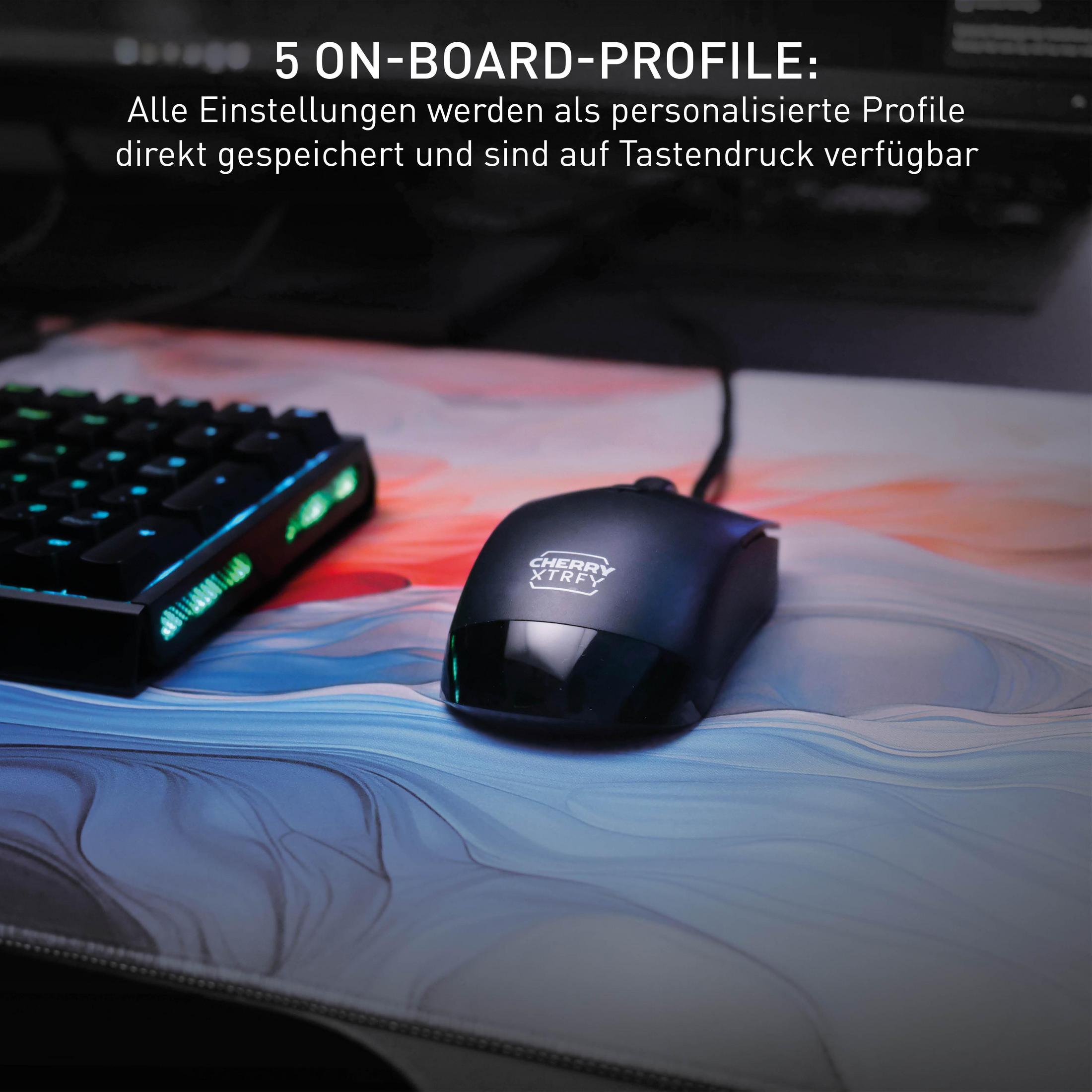 Schwarze Maus auf buntem Mauspad. Tastatur sichtbar. Text oben.