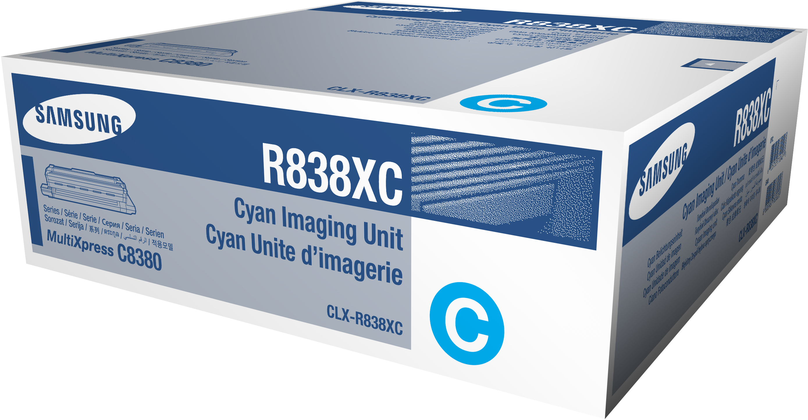 Scatola unità di imaging ciano. Logo Samsung. Testo R833XC. Unità di imaging ciano.