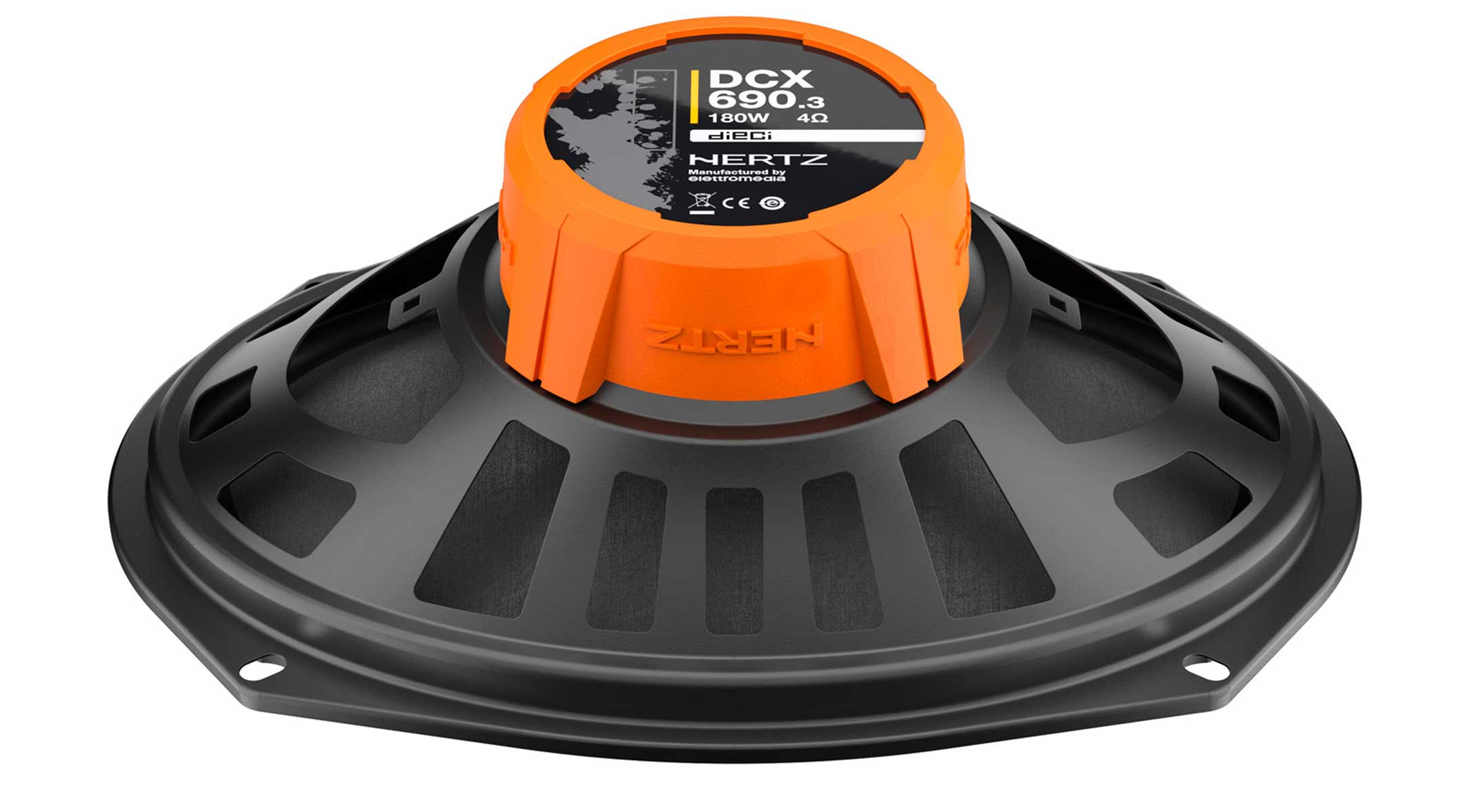 Schwarzer Auto-Lautsprecher mit orangefarbenem Zentrum und Hertz-Logo.